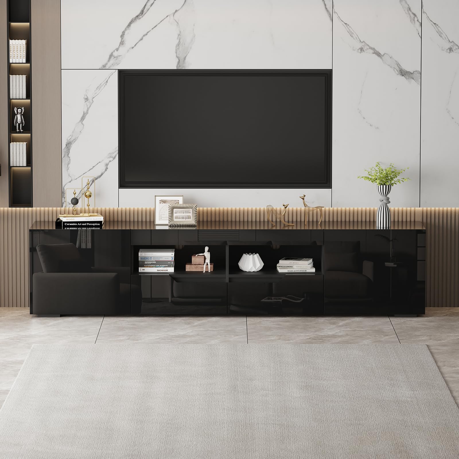 200cm TV Schrank Hochglanz mit LED-Beleuchtung, Schwarz