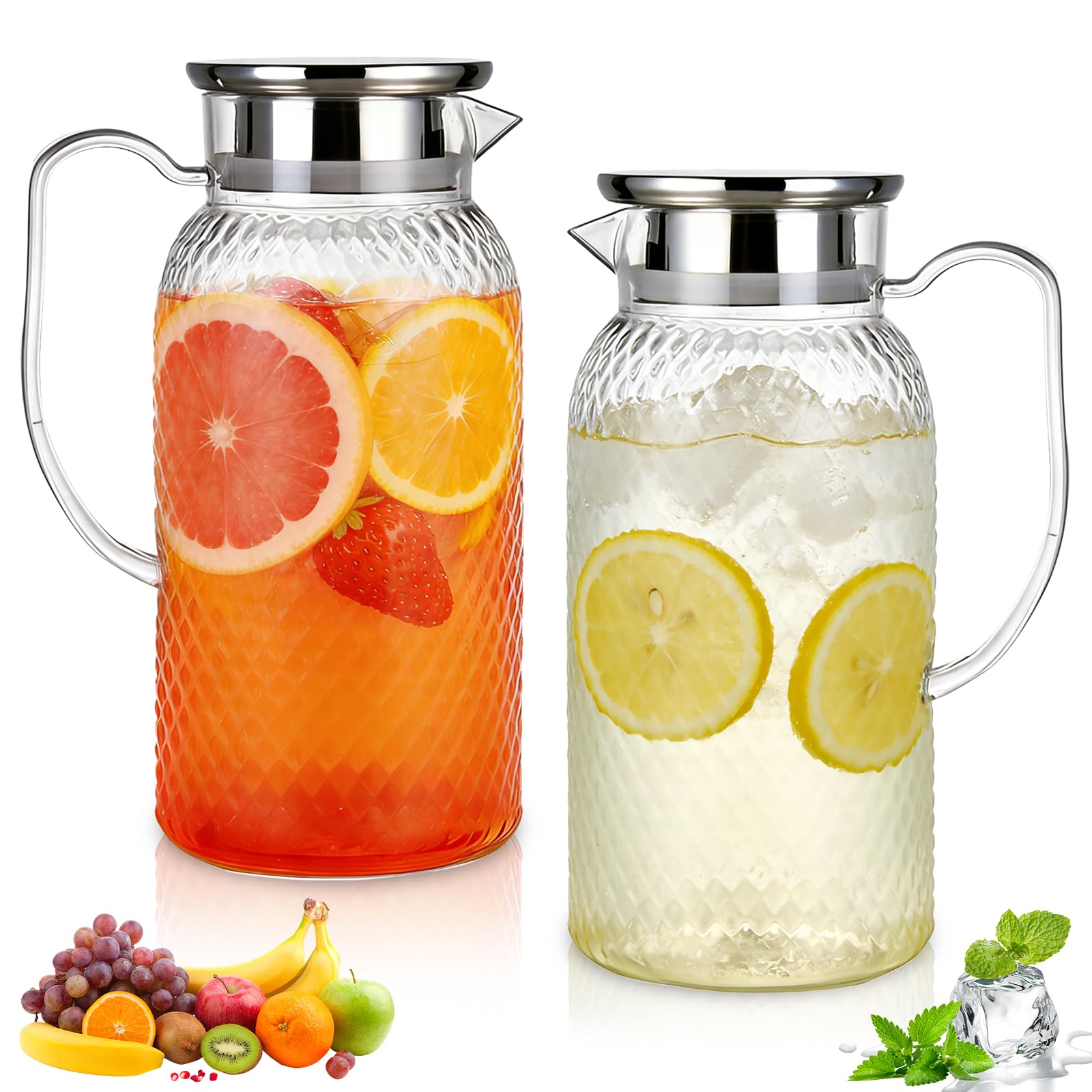 2 caraffa per acqua con coperchio, 1,8 l, con coperchio in PC, caraffa da 2 litri, resistente al calore e infrangibile, per acqua, succo e tè