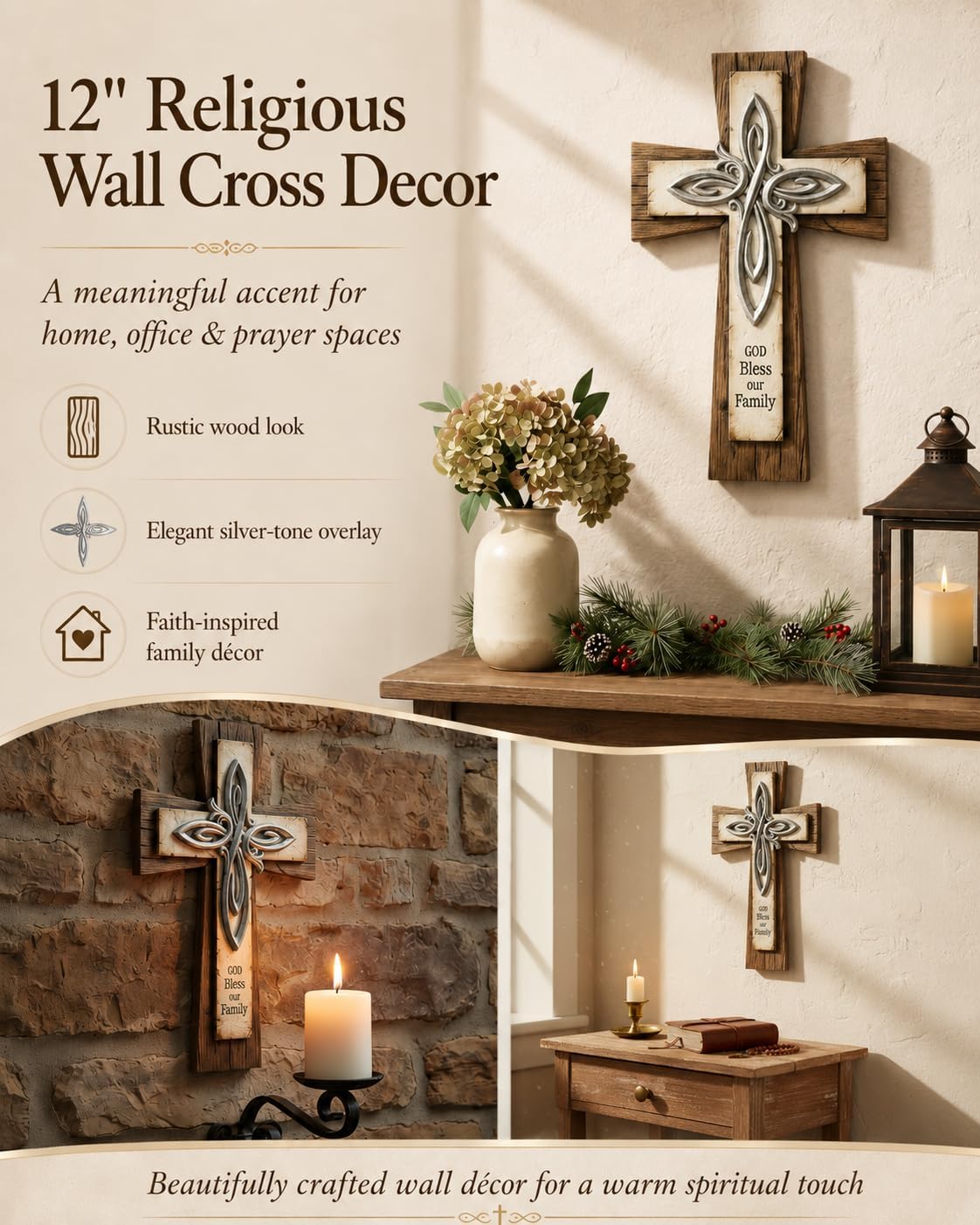 Comfy Hour Wall Cross, Decorative Religious Plaque for Christian Home Office, Artisan Crafted Spiritual Wall Art, Modern Farmhouse Resin Sculpture, Prayer Room Decor (Wood Look), 8.66"L x 0.6"W x 13"H