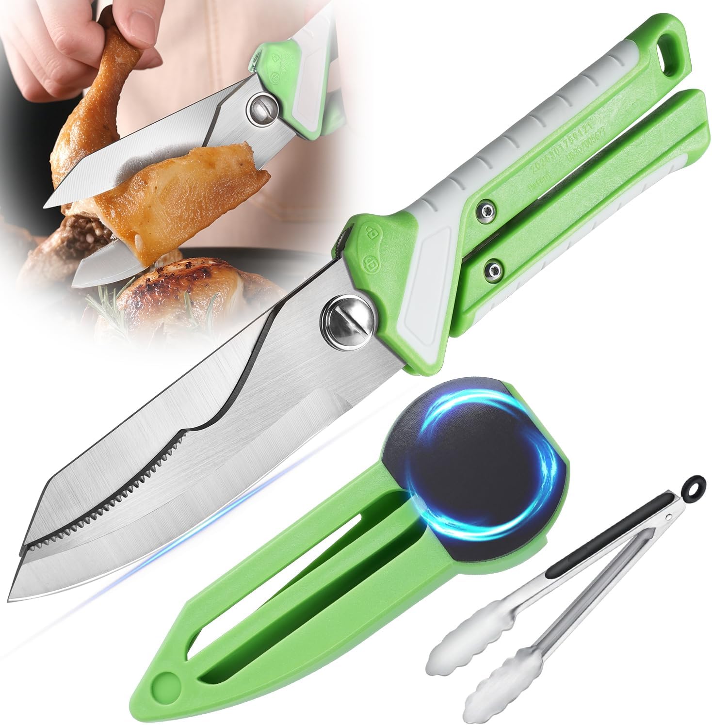 2 Piece Grilling Tool Set – 2-in-1 Scissors & Knife with Magnetic Sheath + Stainless Steel Tongs, High-Hardness Steel Shears - Grill Utensils Set, BBQ Grill Accessories Perfect Grill Gifts for Men