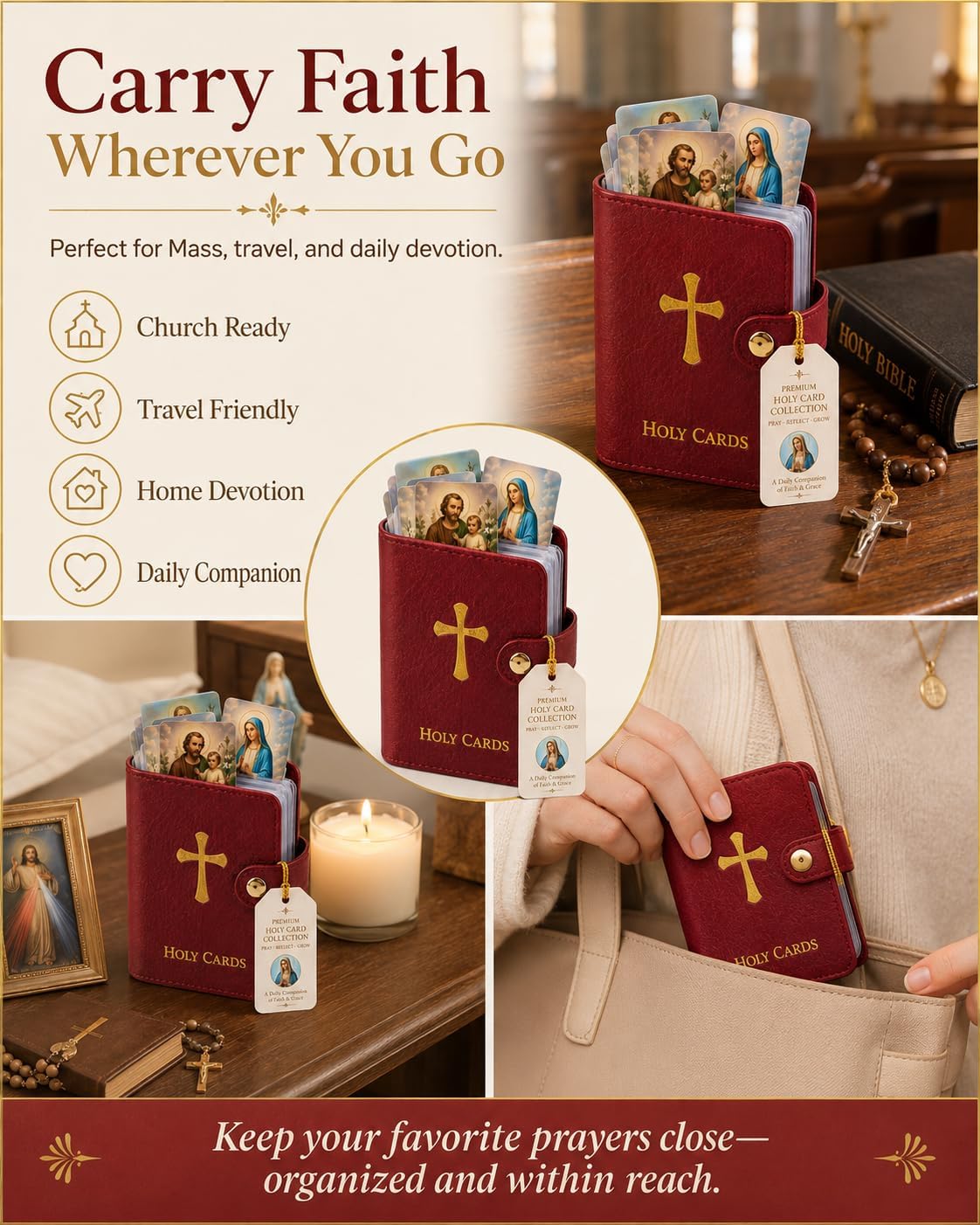 6PCS Prayer Card Holder Holy Book Athletes Catholic Bible Cases for Woman Id Organizer Carrying Rosary Pocket Genuine Faux Leather Men with 50 Sleeves Laminated Saint Album Religious