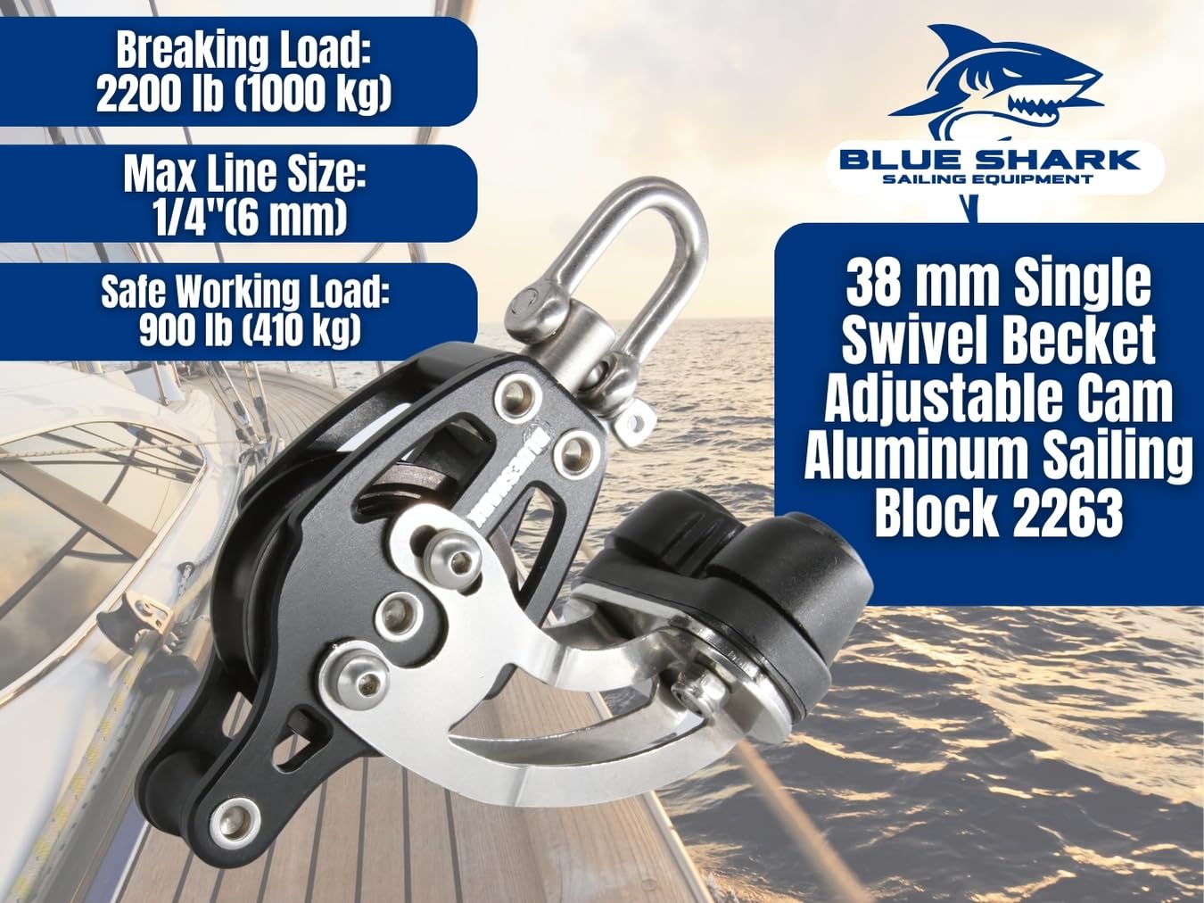 Blue Shark 2263-38 mm Single Swivel Becket Adjustable Cam Aluminum Sailing Block - Max Line: 1/4