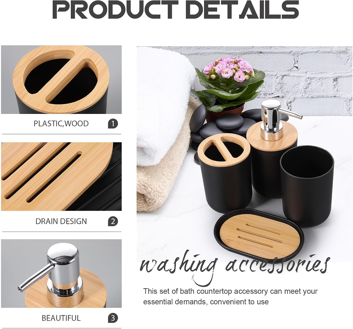4 Piece Bathroom Accessory Set Black Plastic Wood Organizer image 5