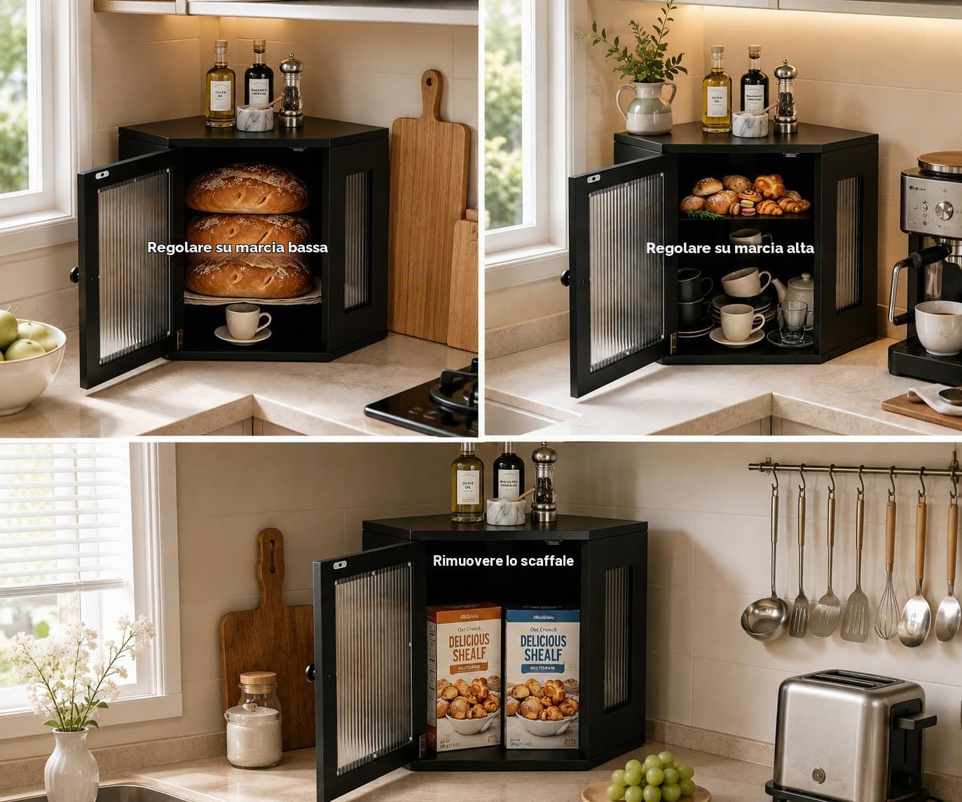 Portapane Angolare Nero a 2 Piani, Contenitore per Pane da Cucina Salvaspazio con Ripiano Regolabile in Altezza e Pannelli in Acrilico Scanalato, 32 × 32 × 35 cm