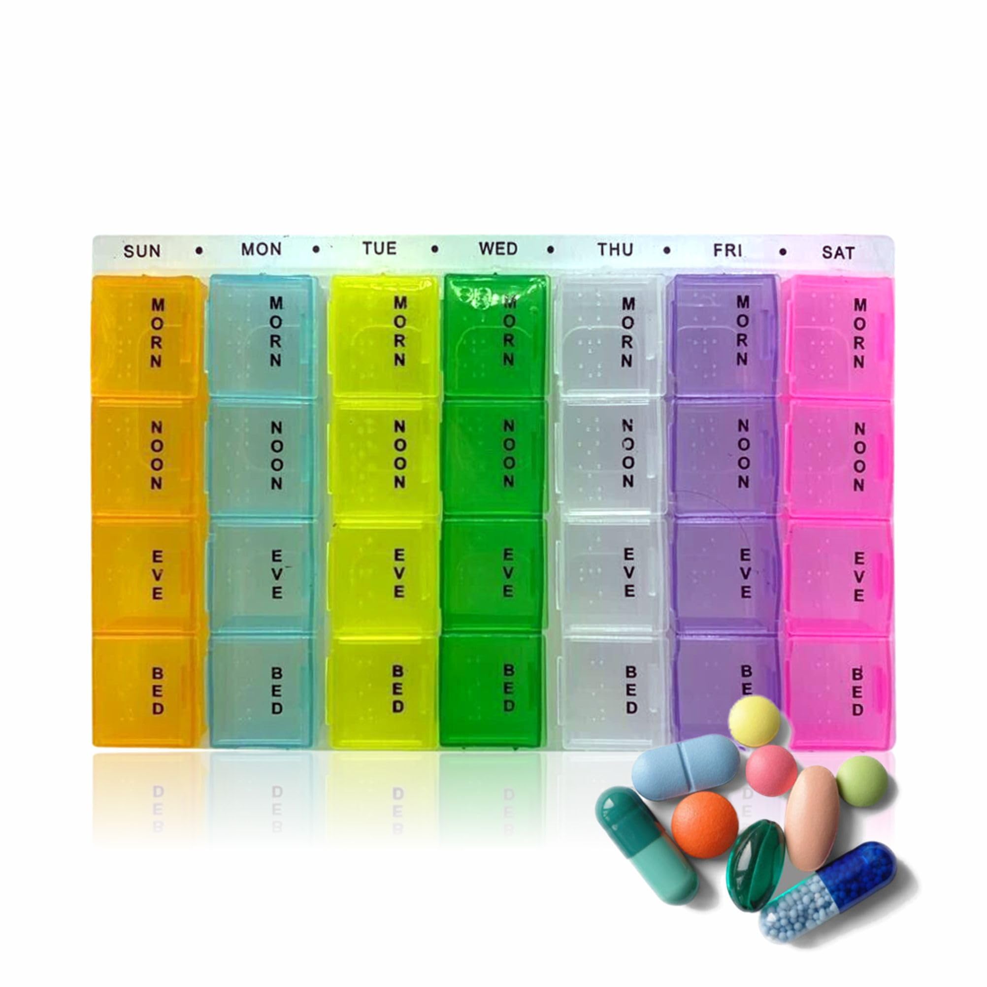 Pill Box Weekly Tablet Organiser Travel Medical Storage Case Bpa Free Medicine Reminder Portable Dispenser for Pills Vitamin Oil Supplements Medication 28 Compartments 4 Time Per Day (Pack of 1)