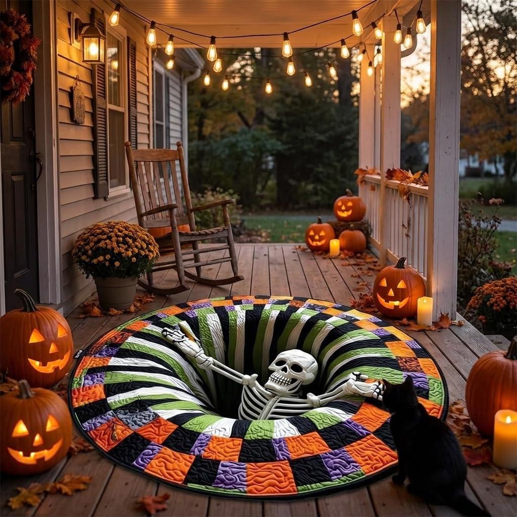 TFixol Okrągły dywan 3D Halloween z iluzją optyczną, szkielet 3D