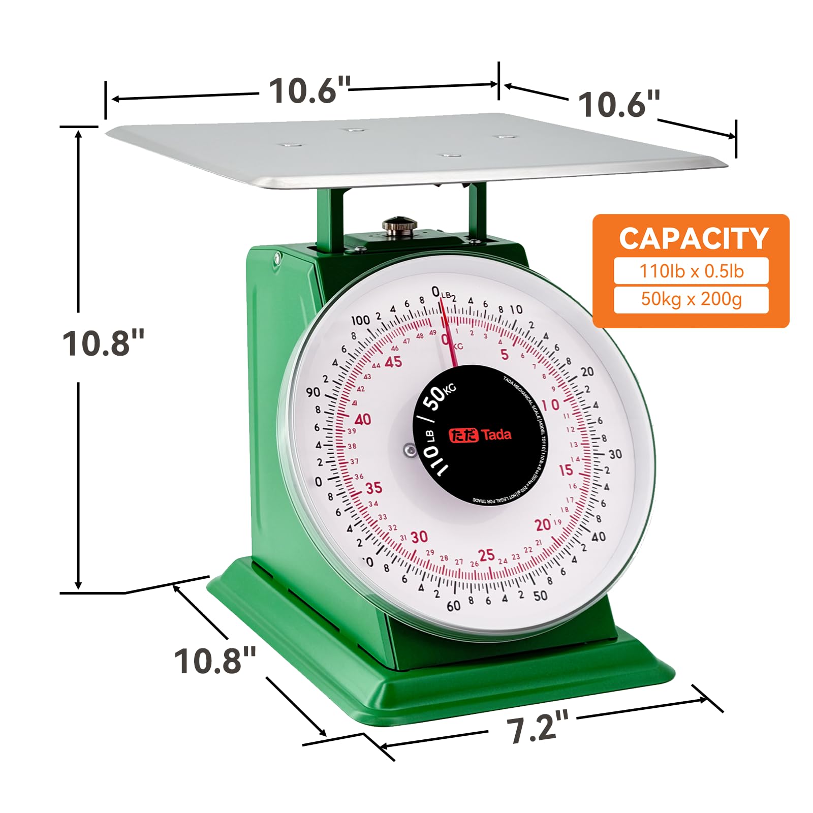 Tada Mechanische Küchen- und Lebensmittelwaage, Küchenwaage, geeichte Bodenwaage, robust, Portionskontrolle, 49,9 kg, industrielle Zifferblattwaage mit Edelstahl-Plattform