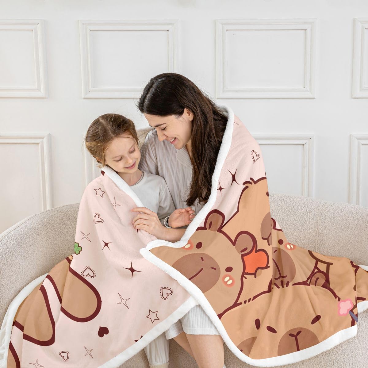 Loussiesd Zabawne kapibary szerpa narzuta koc na kanapę kreskówka kapibara super miękki przytulny polar inicjał litera W koc na zimę, pluszowa narzuta kawaii, zwierzęta, podwójna, 152 x 180 cm, na