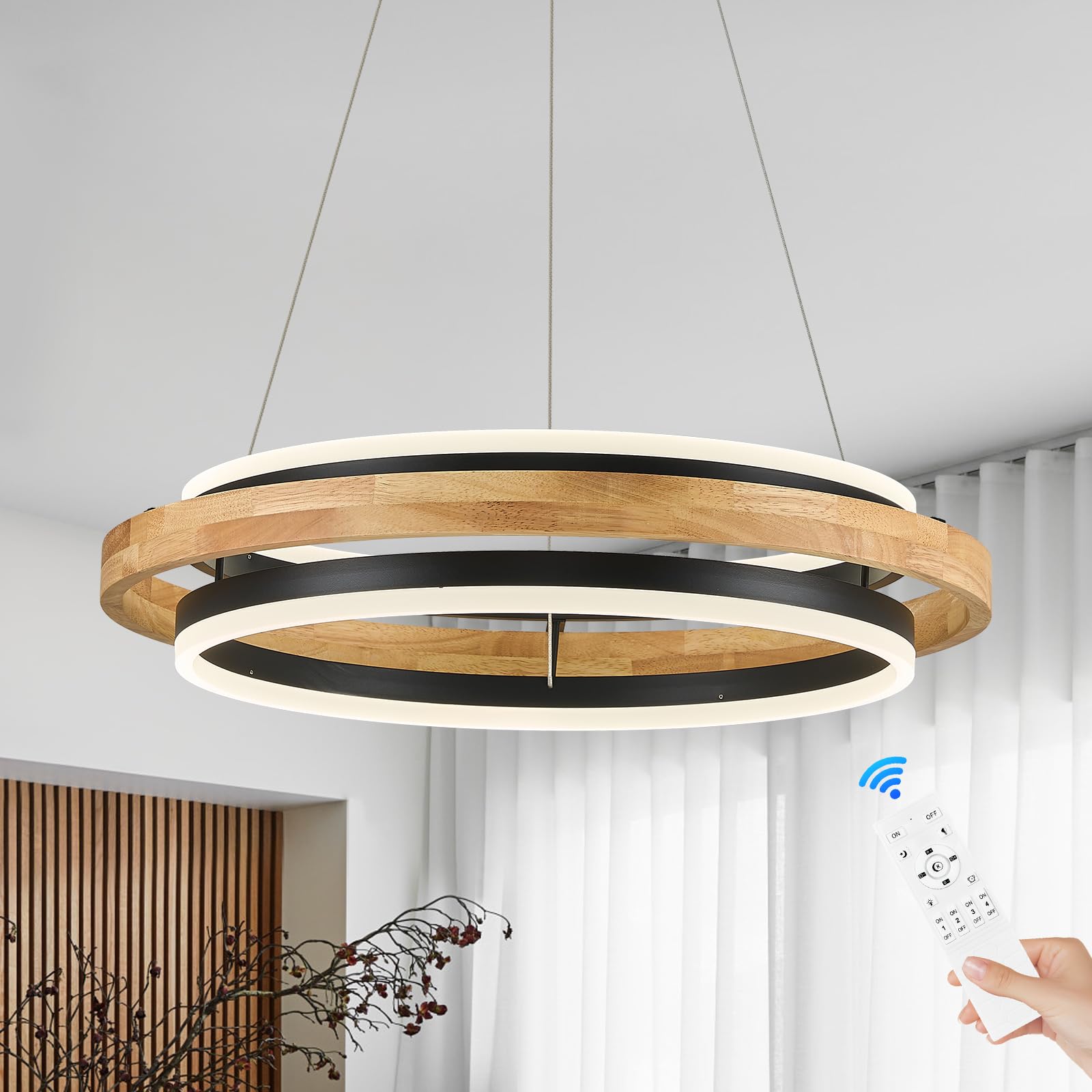 Photo 1 of Benkut Ring LED Chandelier Wood Farmhouse Wooden Pendant Light with Remote