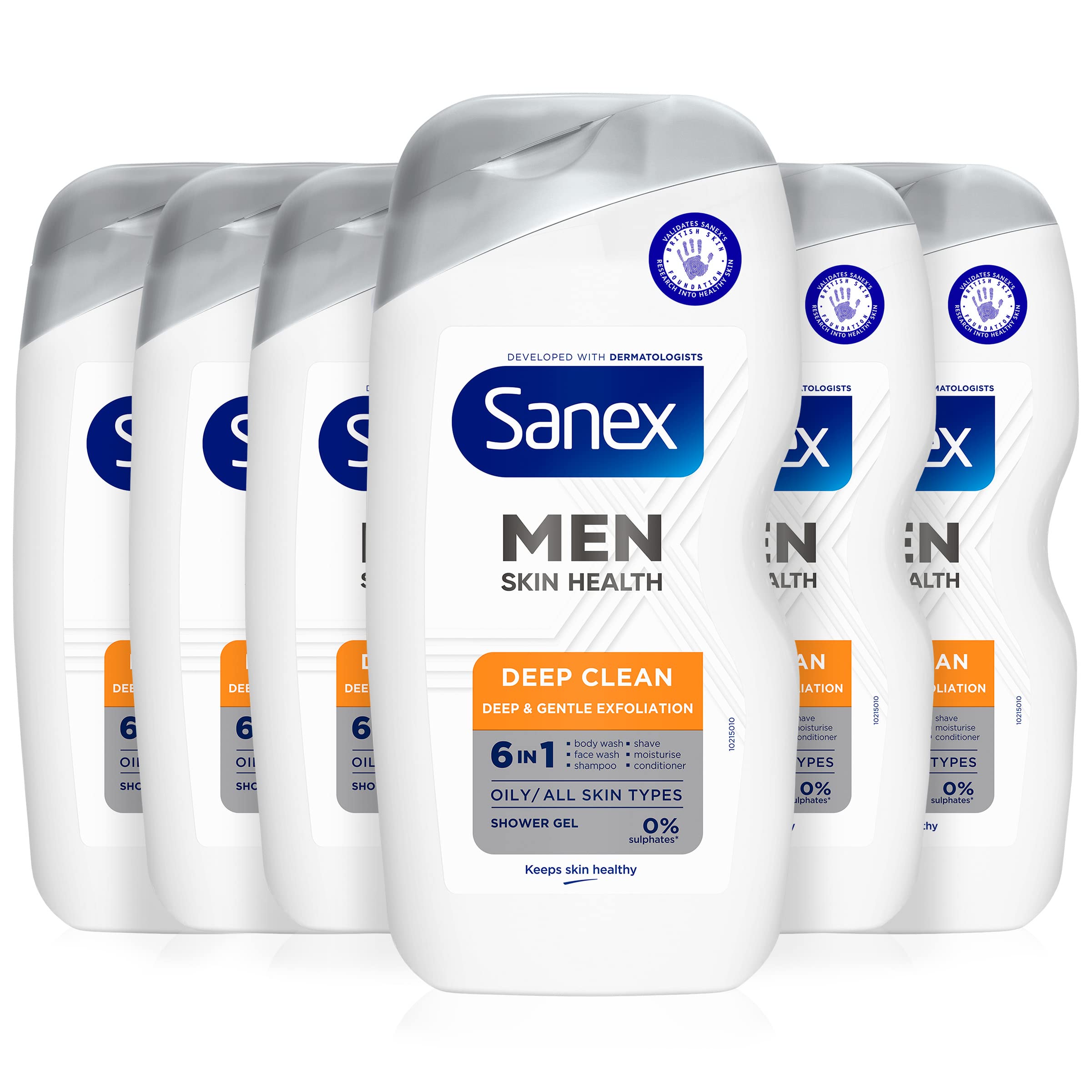 Sanex Men Skin Health Deep Clean Shower Gel 400ml x 6, oily skin men’s body wash, reduces oil, removes dirt