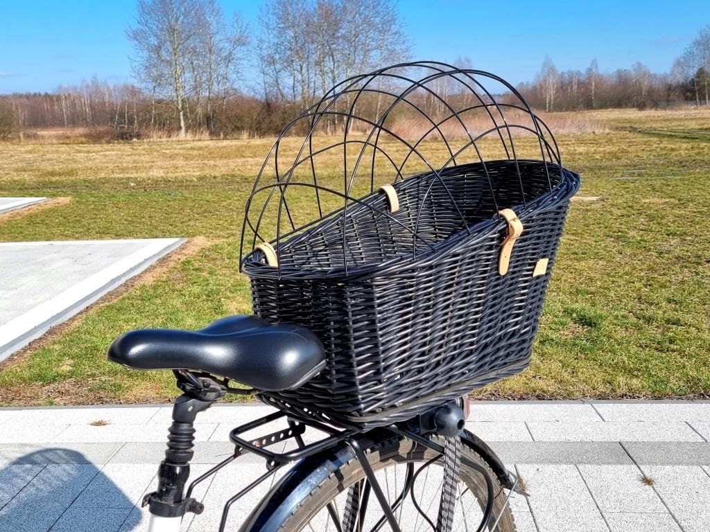 Wiklibox Natural Wicker Dog Bike Basket - 100% Organic Rattan Pet Carrier with Protective Grille - Eco Friendly Design - Soft Cotton Cushion & Mounting Bracket for Secure Bicycle Rear Luggage Rack