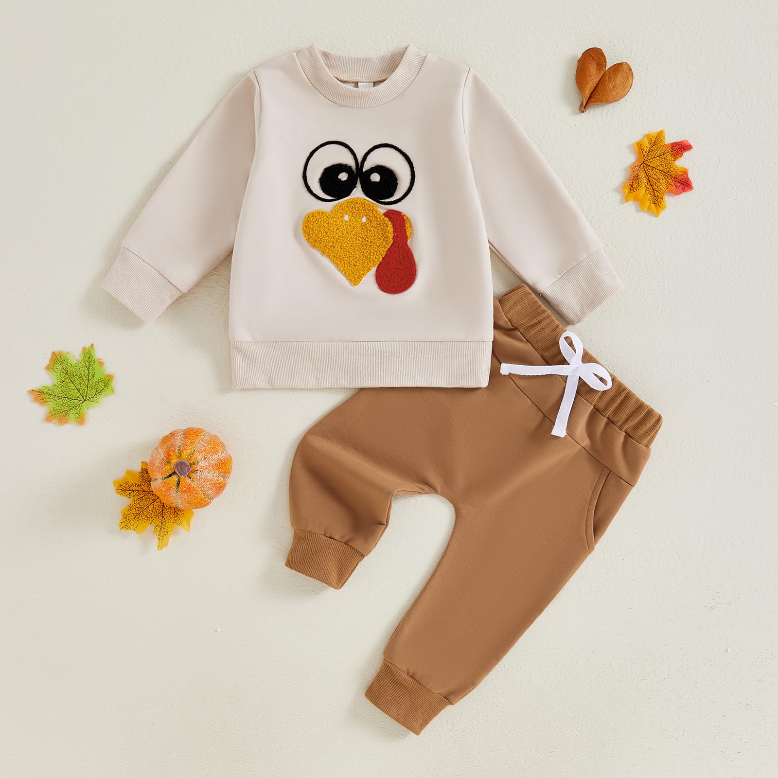 CHAUKAREAUL Baby Boy Thanksgiving Outfit Turkey Embroidery Long Sleeve Sweatshirt Shirt Jogger Pants Set Infant Clothes (Khaki, 3-6 Months)