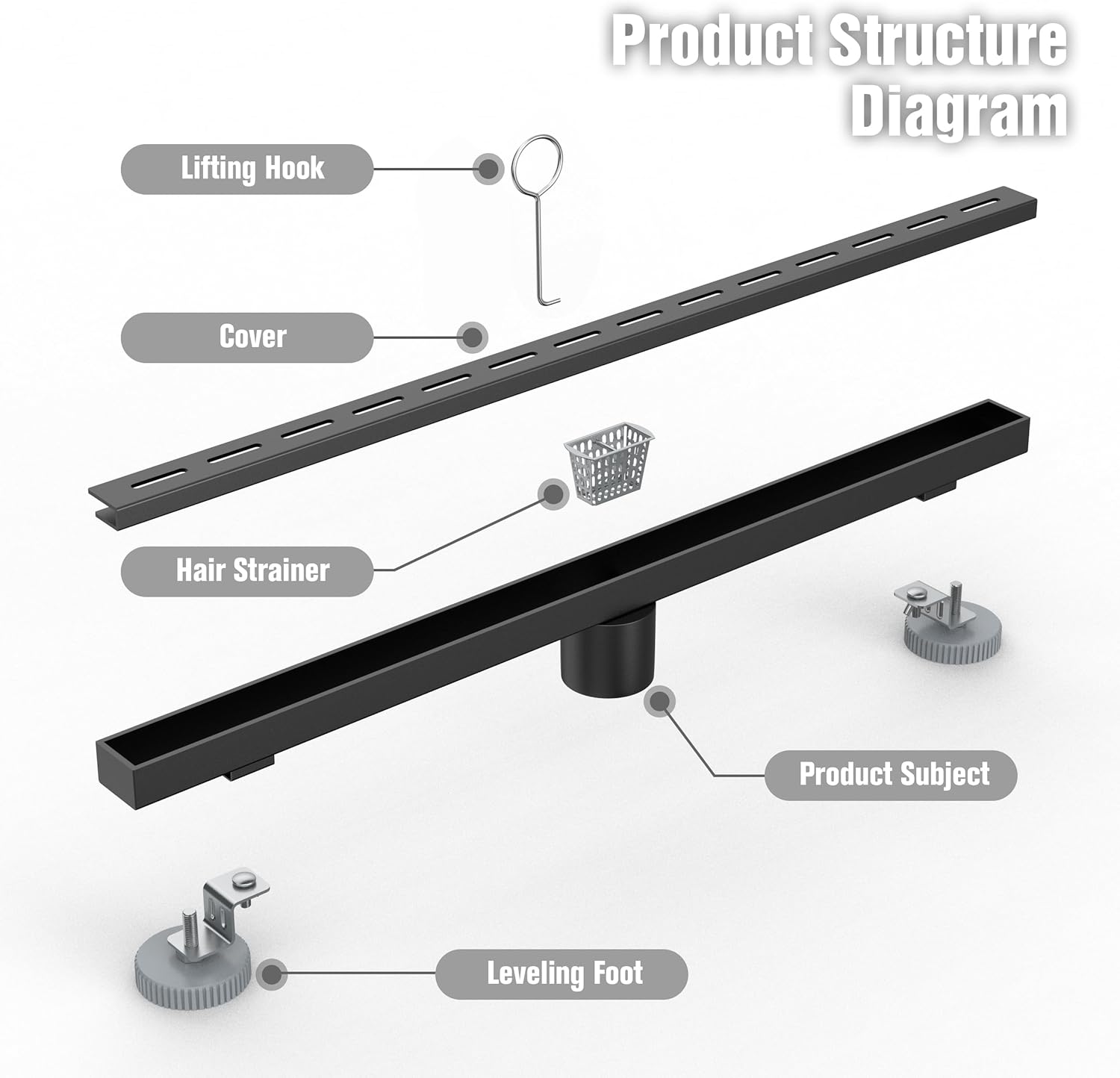 24 Inch Linear Shower Drain, 304 Stainless Steel Invisible Rectangle Extremely Narrow Shower Floor Drain, Latest Fashion Non-Slip Adjustable Hair Filter(Black)