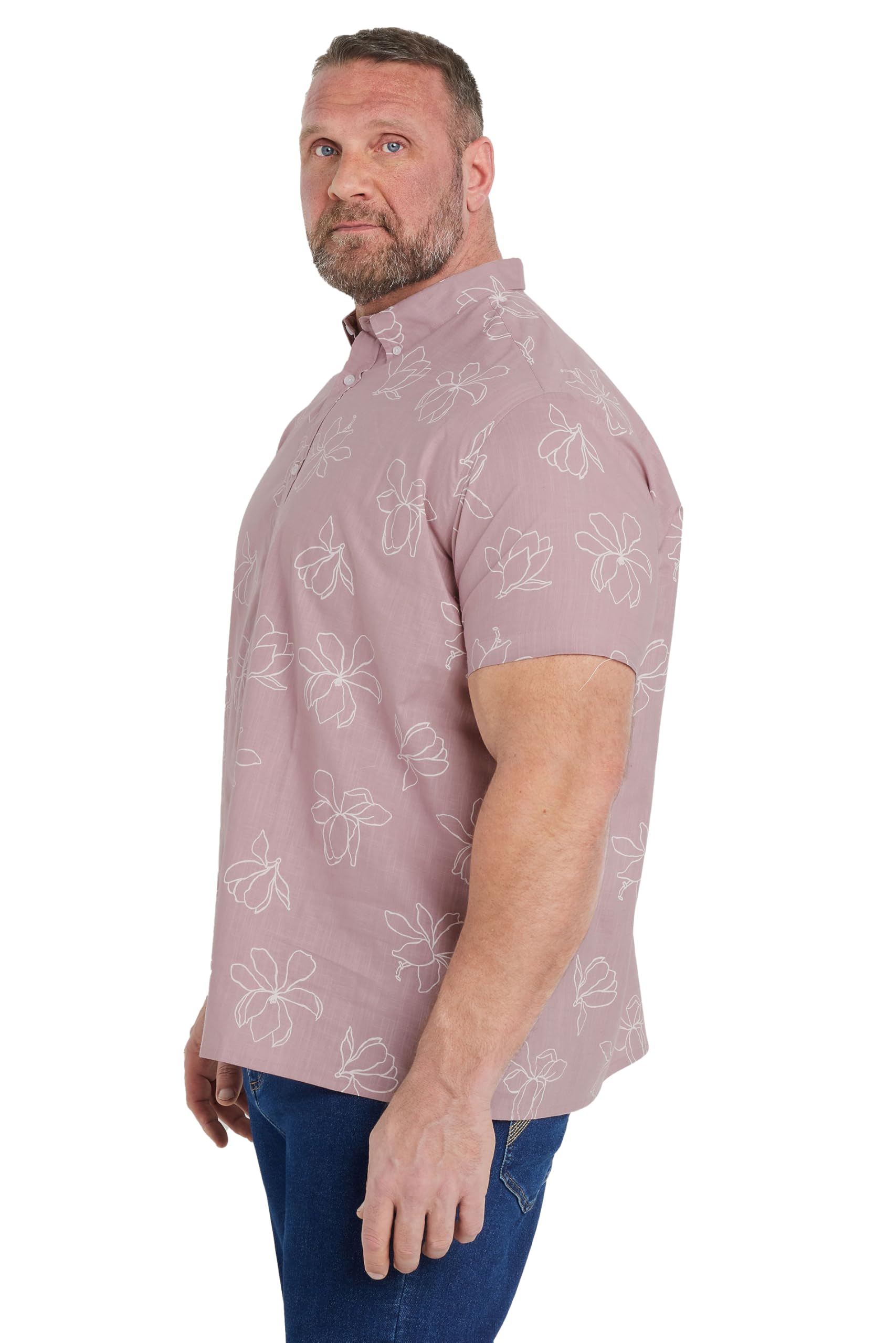 Badrhino Men's Pink Big & Tall Linear Floral Slub Shirt - Plus Size Curve