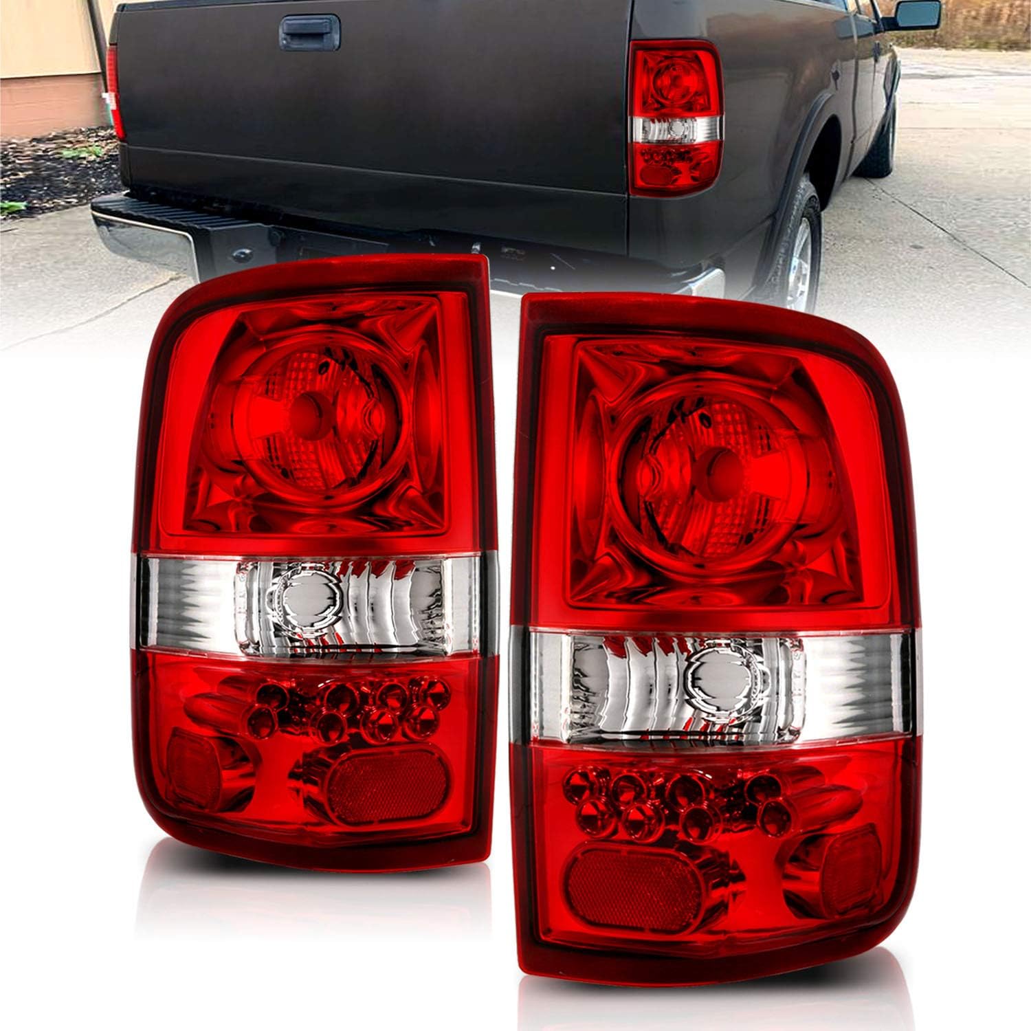 AmeriLite for 2004-2008 Ford F150 Styleside Clear Red LED Replacement TailLights Assembly Set - Passenger and Driver Side