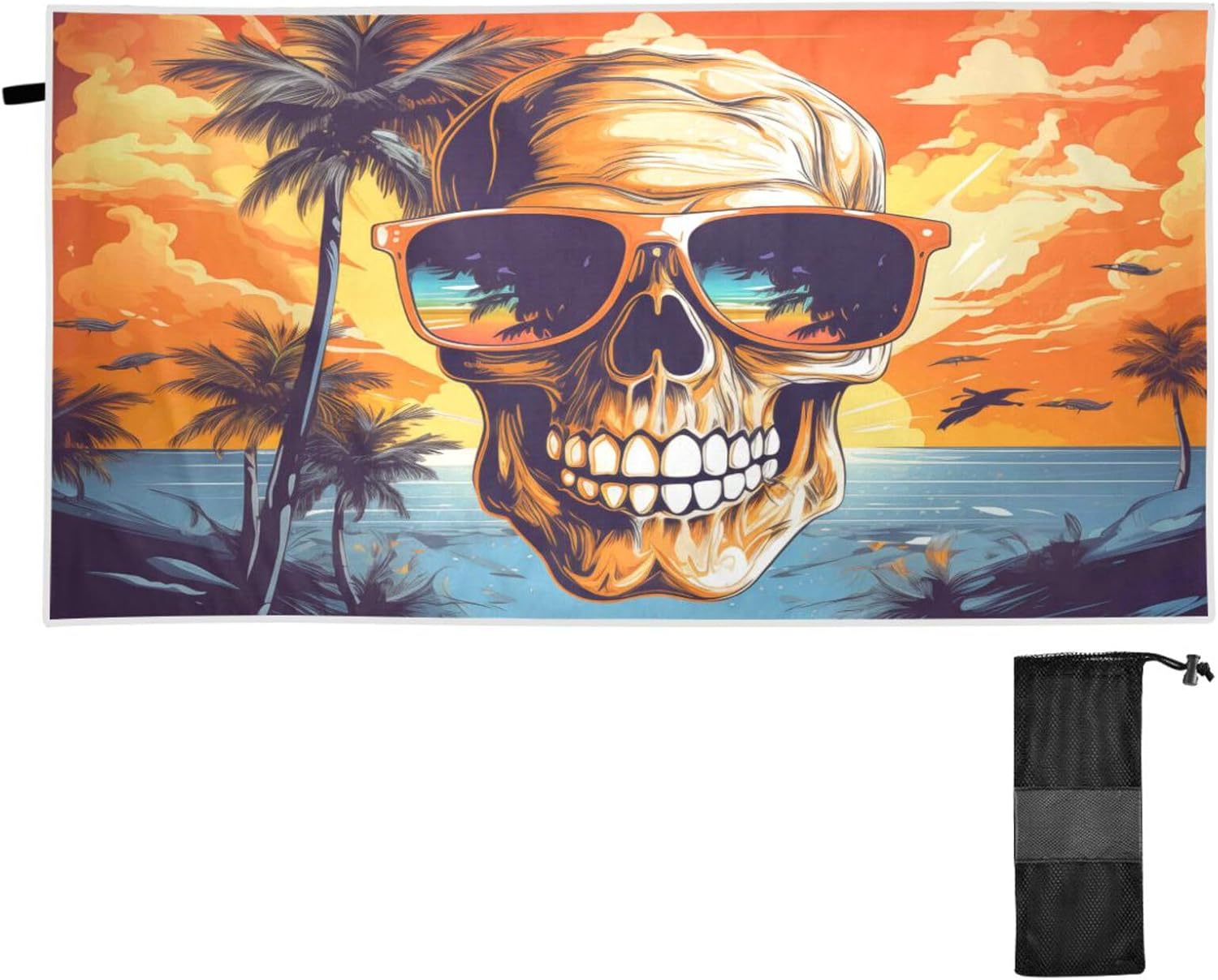 senya Beach Towels for Women Men, Beach Palm Trees Skull with Sunglasses Beach Towels Swim Towels Oversized Quick Dry for Travel Beach Swim Pool Gym, 31x71in, B04M23028