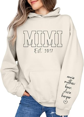 CUSTOM Unisex Mimi Sweatshirt & Hoodie Ultra-Soft, Personalized Grandma Apparel with Grandkids Names On Sleeve Ideal Gift for Mimi, Momma & Mama