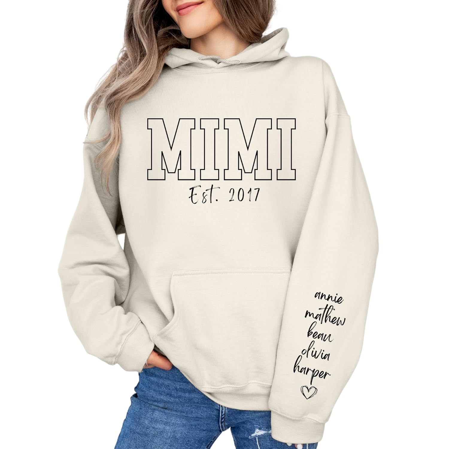 CUSTOM Unisex Mimi Sweatshirt Hoodie Ultra-Soft Personalized Grandma Apparel with Grandkids Names On Sleeve Ideal Gift for Mimi