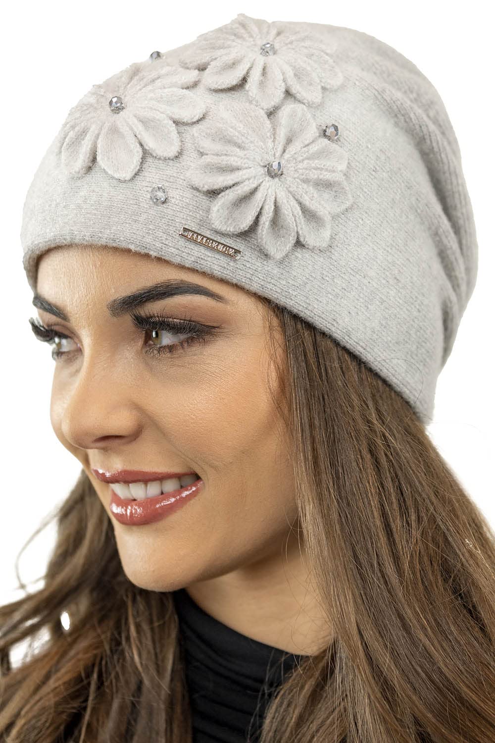 VIVISENCE Bonnet Femme Automne Hiver en Laine Élégant Et À La Mode Protection Contre Le Froid Applications Florales Ajustement Parfait Idéal Et comme Idée Cadeau 7053, Gris Clair,Taille Unique