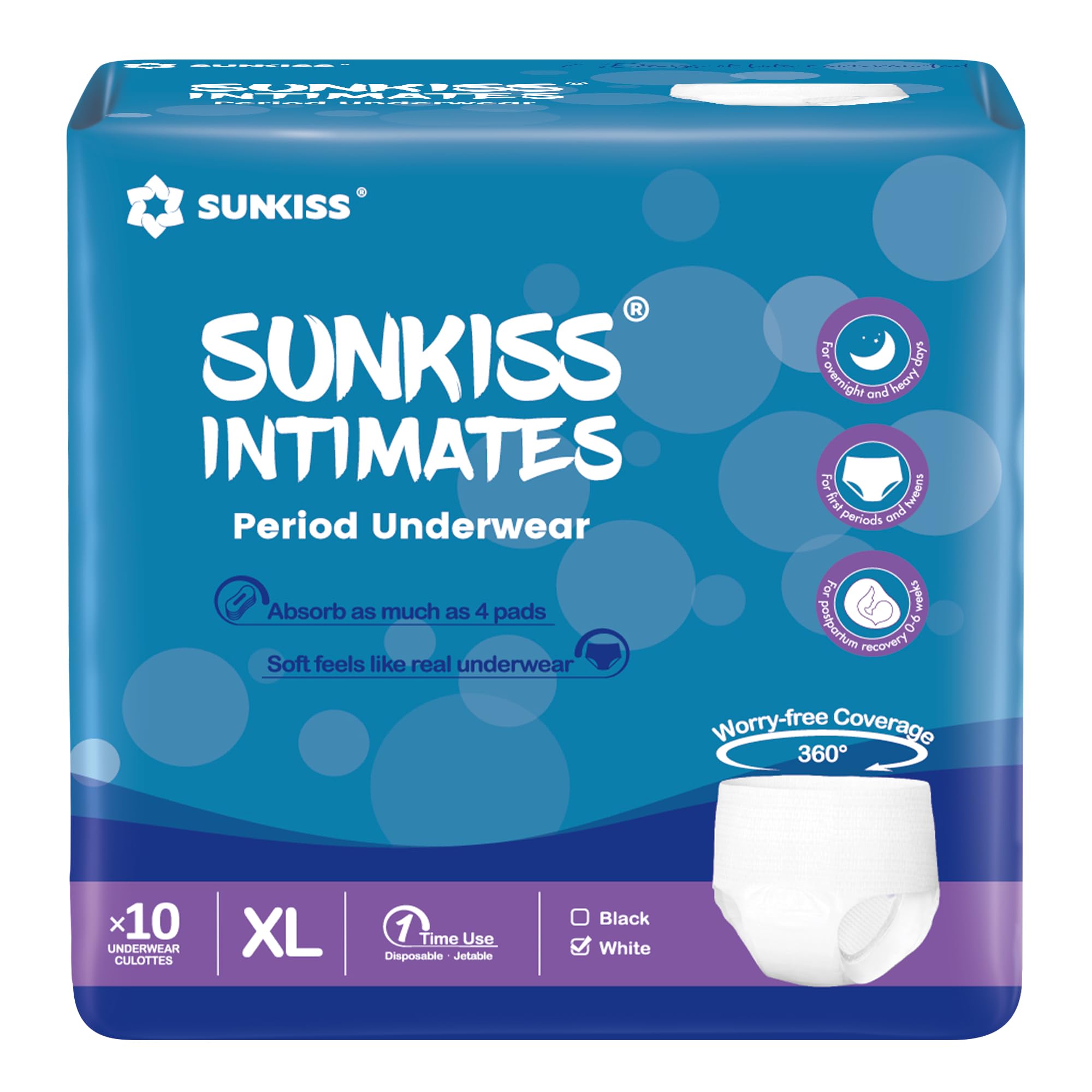 SUNKISS INTIMATES SUNKISS INTIMATES Bragas Menstruales Desechables para Mujer con Flujo Abundante, Braguitas Postparto Mujer a Prueba de Fugas, Blanco, Talla XL, 10 Unidades