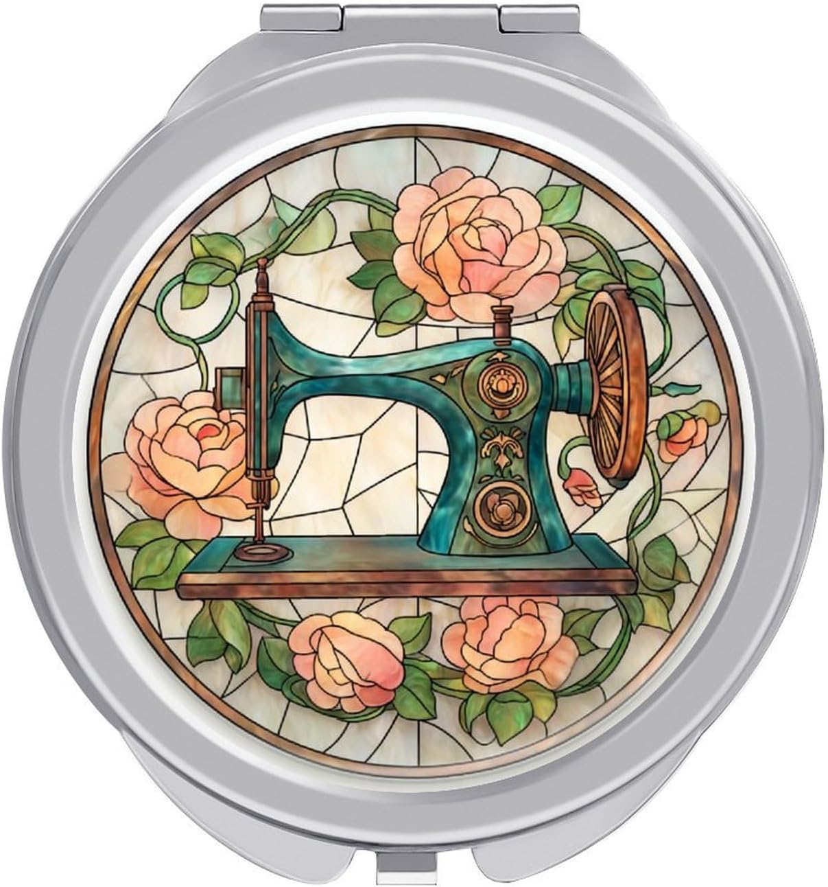 Classic Antique Sewing Machine and Flower Compact Handheld Round Foldable Portable Travel Makeup Mini Mirror for Women Girls Purse Pocket