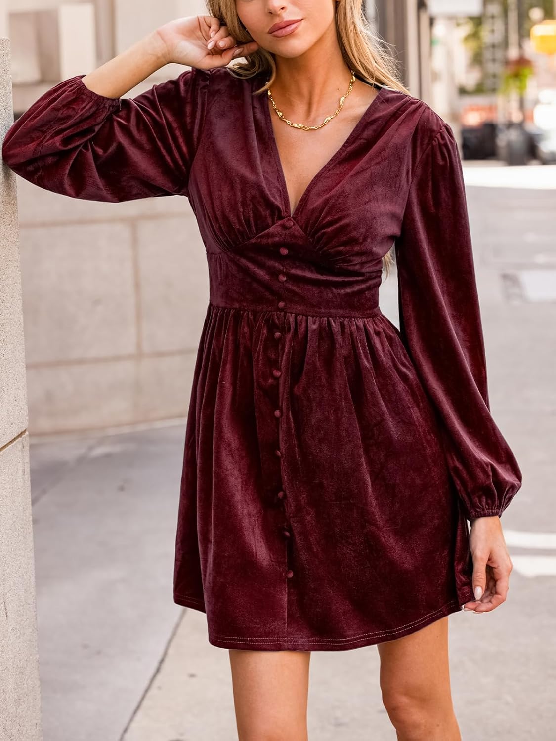 CUPSHE Women's Mini Party Dresses V Neck Button Long Sleeve Smocked Tunic Waist Casual Short Flowy Fall Cocktail Dress - Image 2