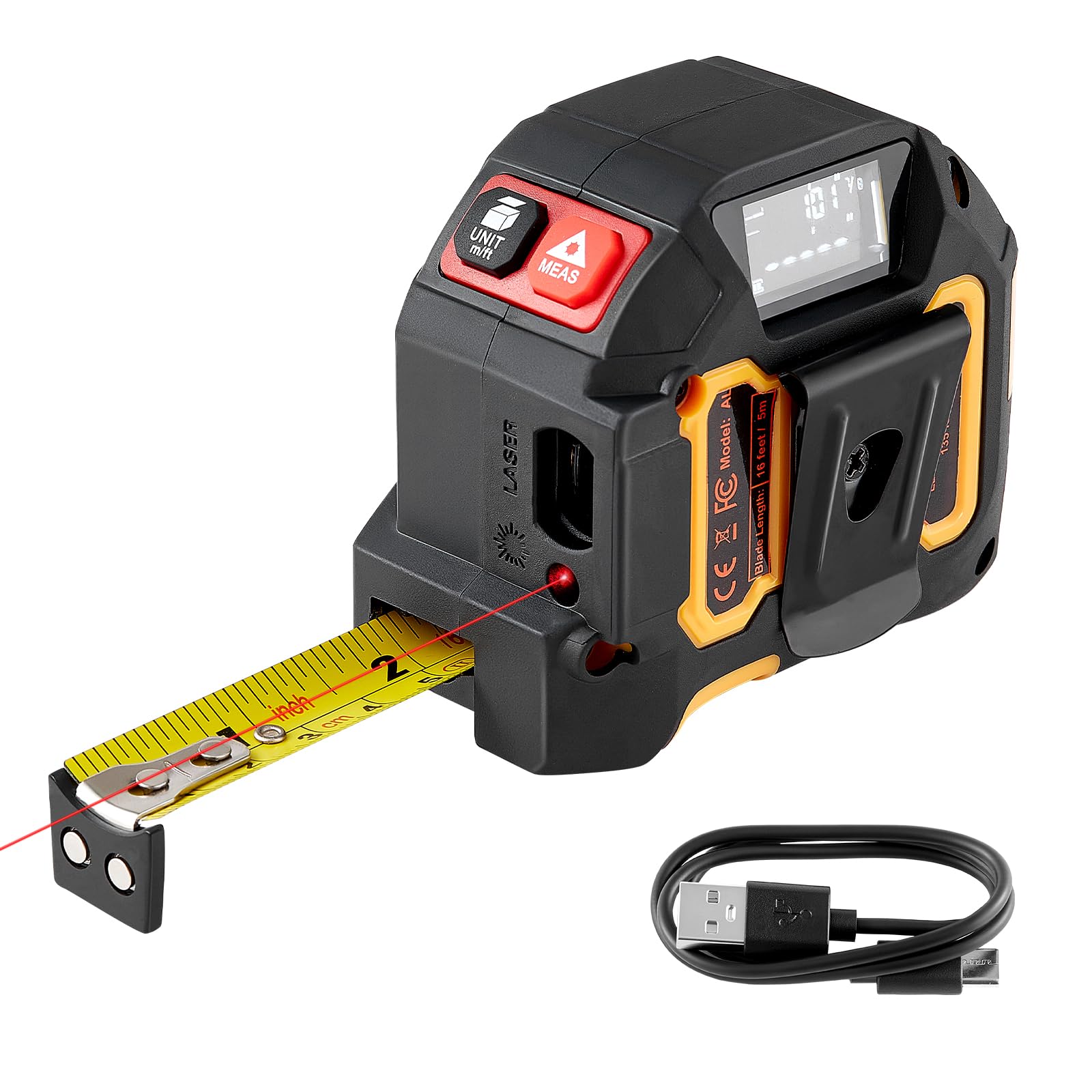 VEVOR Mètre Ruban Laser 2 en 1 Ruban de Mesure Laser Rechargeable 135 pi 41 m Outil de Mesure Magnétique 16 pi 4,9 m, 4 Modes, Longueur, Surface, Volume, Continu, Unités pi/po/m/pi+po, pour Extérieur