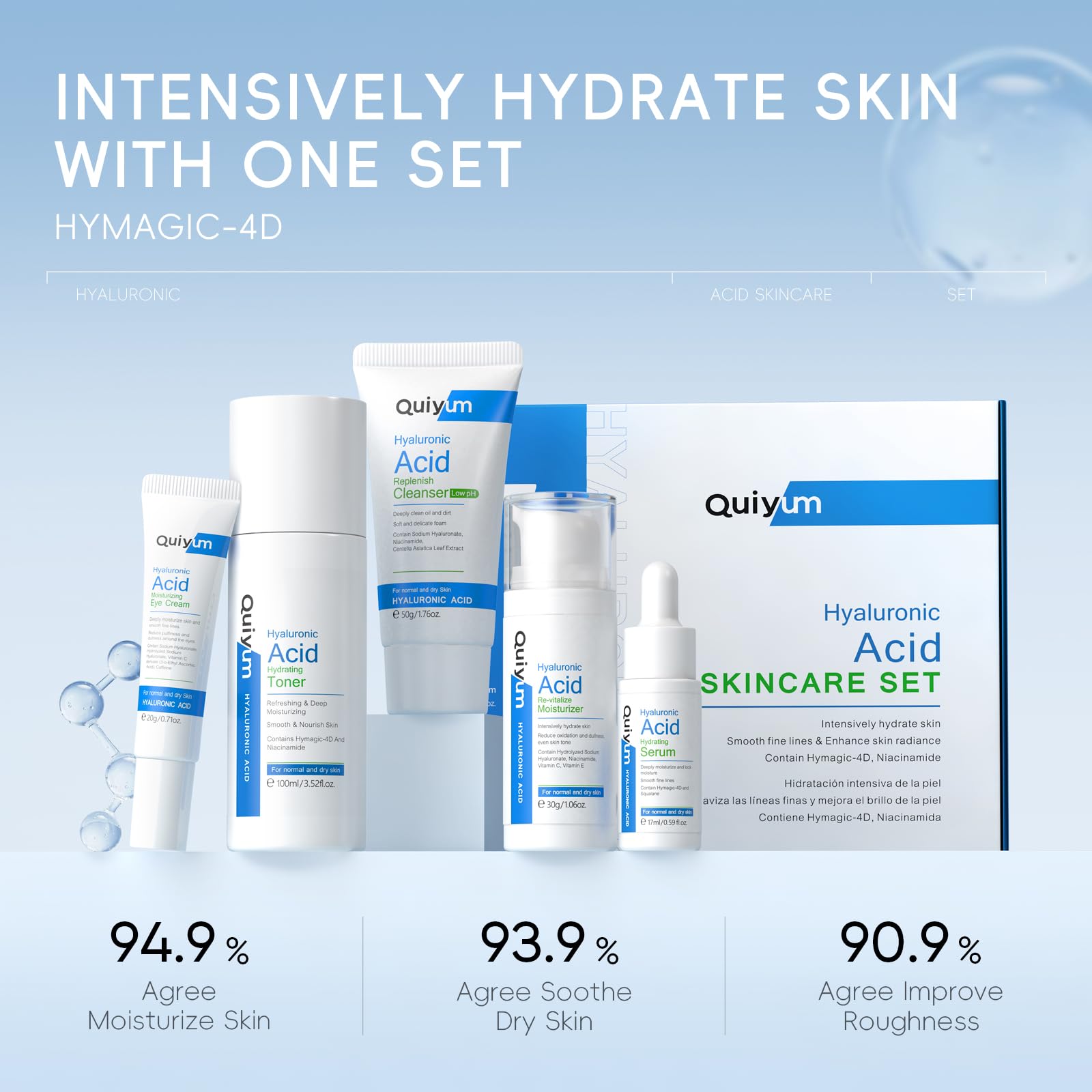 QUIYUM Set Acido Ialuronico 5 Pezzi Kit Skincare Completo per la Cura della Pelle Viso, Set Regalo per Donna, Idratazione Intensiva, Adatto a Tutti i Tipi di Pelle