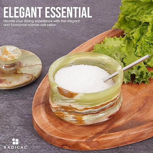 Miniatura 2 de Radicaln Bodega de sal de mármol con tapa y cuchara, ónix verde, 2.25 x 4 x 5 pulgadas, recipientes hechos a mano para condimentos, soporte para sal