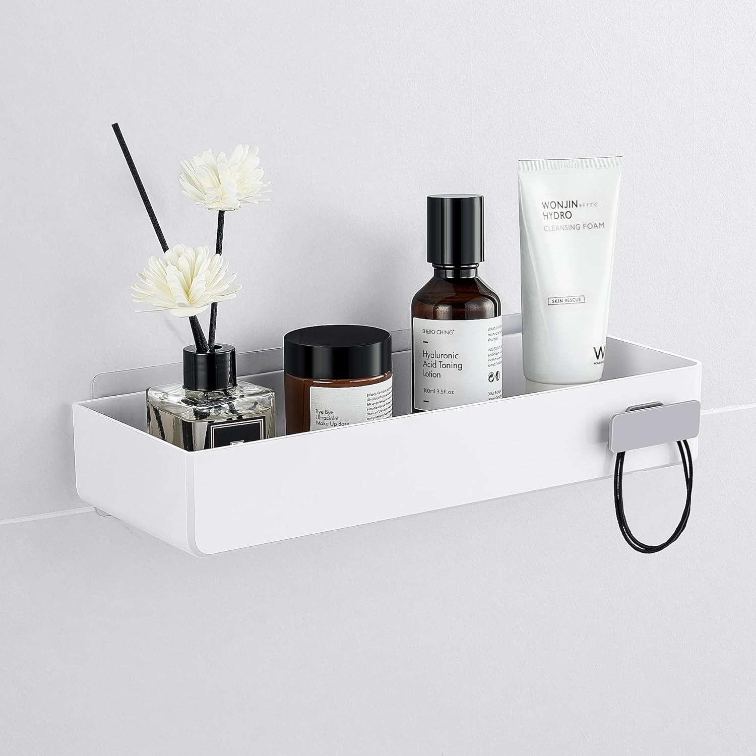 YOHOM White Adhesive Bathroom Caddy Organizer for Tile Wall Mounted Stick on Shower Caddy Floating Shelf Plastic Shampoo