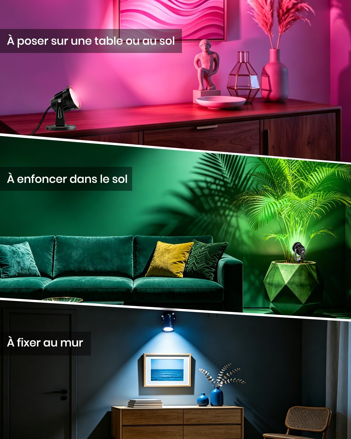 RGB LED Spot avec Télécommande, IP65 Spot LED Extérieur et Intérieur, Lampe Projecteur à Couleurs Changeantes pour Plantes avec Base et Piquet, 1,78m Câble avec Fiche, 6W