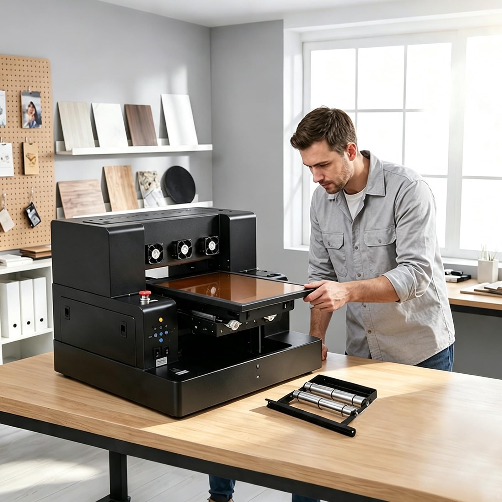 A4 XP600 UV DTG Printer Machine, 5760 * 1440dpi Precision UV Flatbed Printer with 22x33x15cm Vacuum Platform & Bottle Holder, Perfect for Phone Cases Acrylic Metal Leather Golf Balls Bottles (A4)