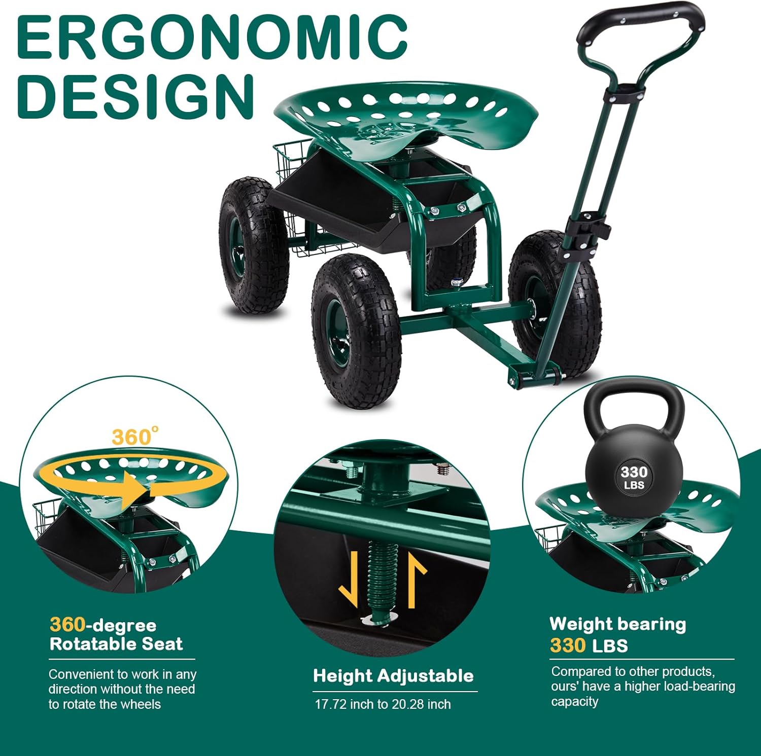 VINGLI Garden Cart, Garden Seat with 360°Swivel Chair, Storage Tool Tray & Steering Handle, Garden Stool with Wheels for Gardening, Patio, Yard, and Outdoor Work (Green)