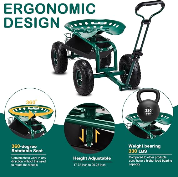 Garden Cart Rolling Workseat with Wheels, Gardening Stool for Planting, 360 Degree Swivel Seat, Wagon Scooter with Steering Handle & Utility Tool Tray,for Patio, Yard, and Outdoors (Green)