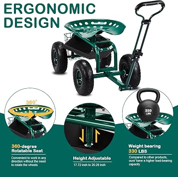 Garden Cart Rolling Workseat with Wheels, Gardening Stool for Planting, 360 Degree Swivel Seat, Wagon Scooter with Steering Handle & Utility Tool Tray,for Patio, Yard, and Outdoors (Green)