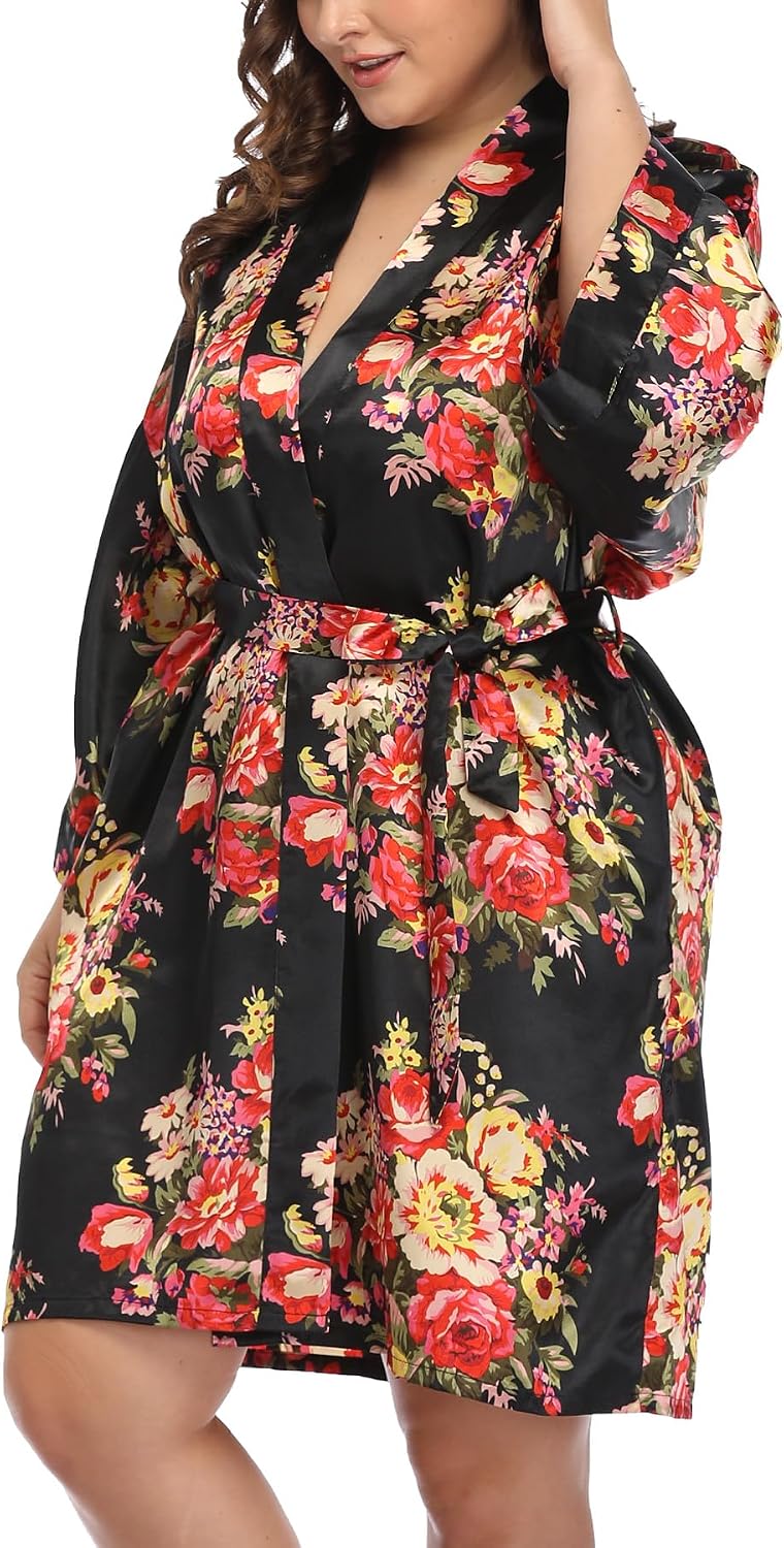 Women's Floral Satin Robes Plus Size Kimono Bride Bridesmaid Bridal Party Getting Ready