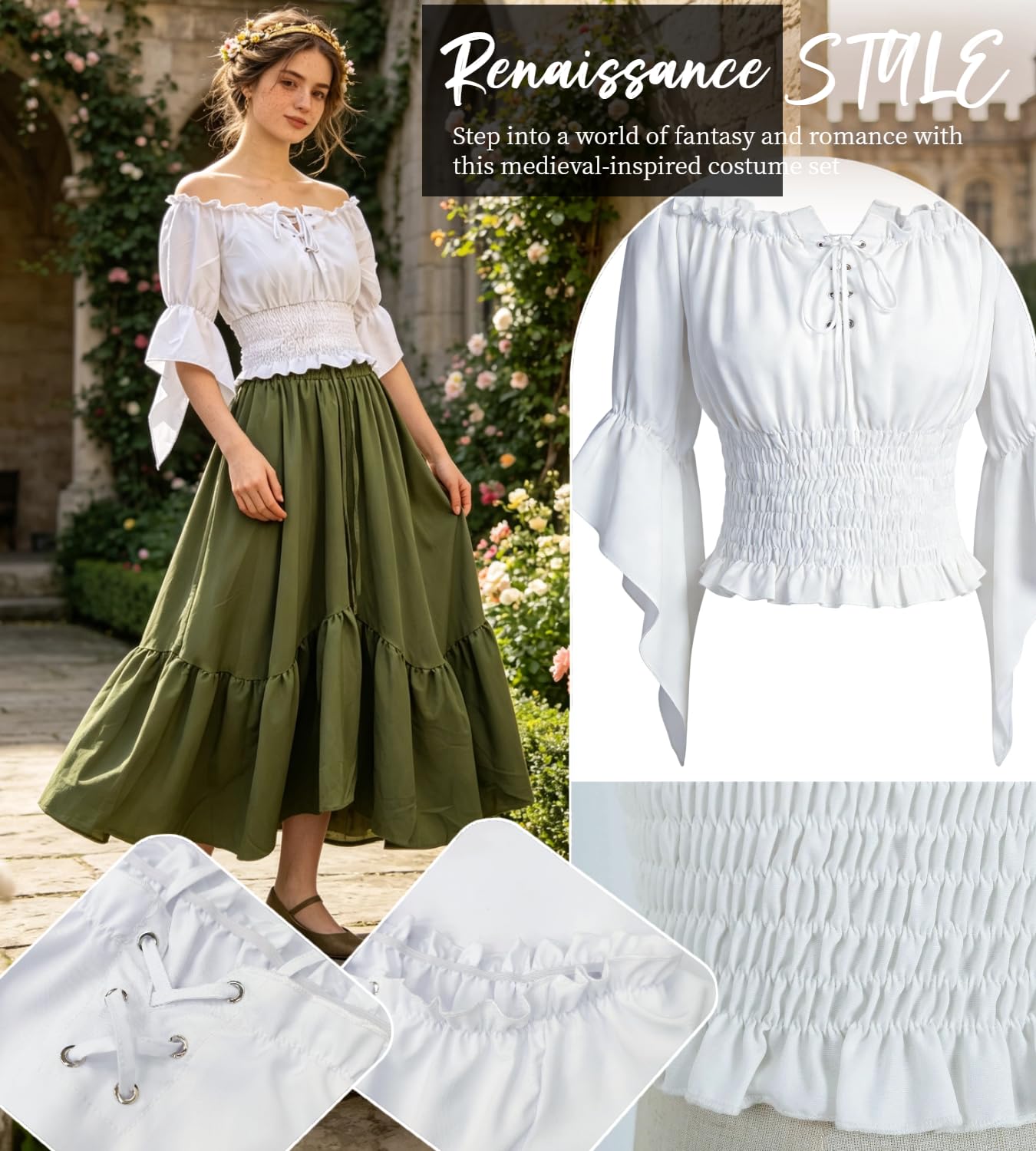 kasahara Costume Médiéval Femme Renaissance Blouse Off Shoulder Manches Évasées Jupe Corset, Déguisement Fée Pirate Sorcière Halloween Carnaval LARP