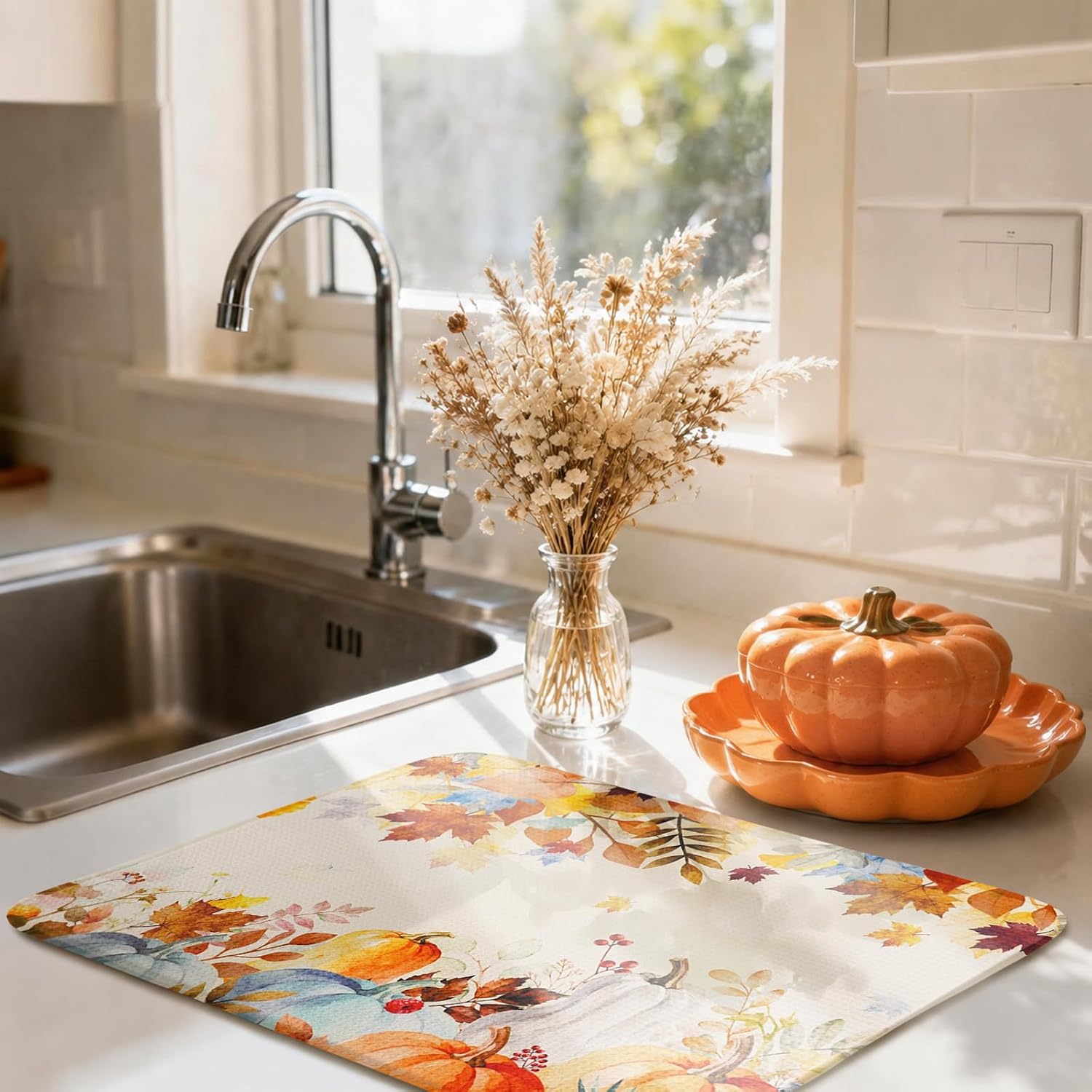 Fall Dish Drying Mat, Ultra Absorbent Fall Drying Mat for Kitchen Counter, Coffee Maker, 18 x 24 Inch
