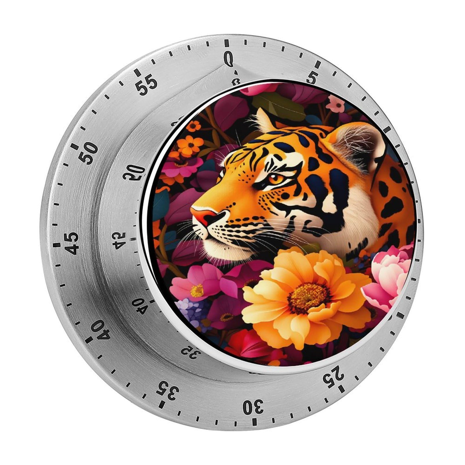 Tiger Tropical Flowers Jungle 60 Minute Wind Up Timer,Visual Mechanical Magnetic Timer with Loud Alarm for Kitchen