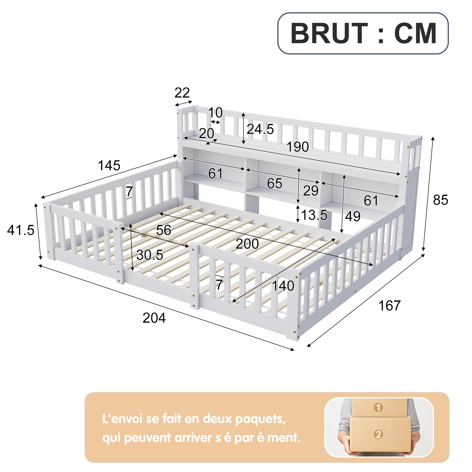 DADEA Montessori - Lettino da pavimento, 140 x 200 cm, con protezione anticaduta e rete a doghe, letto singolo per bambini e ragazzi, senza materasso