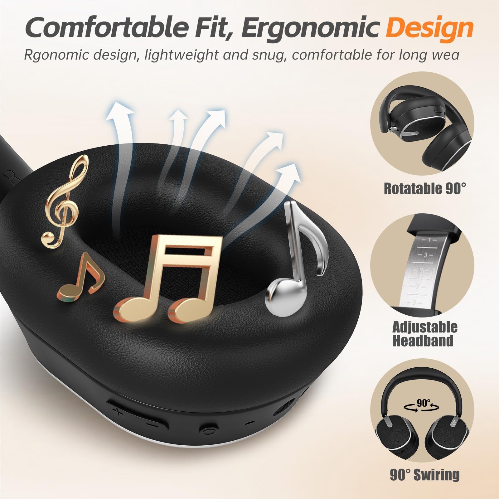 MMWOWARTS Bluetooth 6.0 Over Ear Wireless Headphones with 60H Playtime, Memory Foam Ear Cups for Home Office Travel Black — view 3