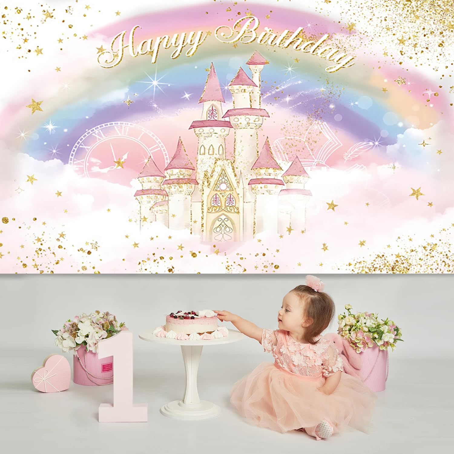 YongFoto 2,2x1,5m Bambini Sfondo Arcobaleno colorato Nuvole Cielo Blu Sfondo di fotografia per bambini Festa di compleanno New Born Cake Table Baby Shower Photo Booth Studio oggetti di scena