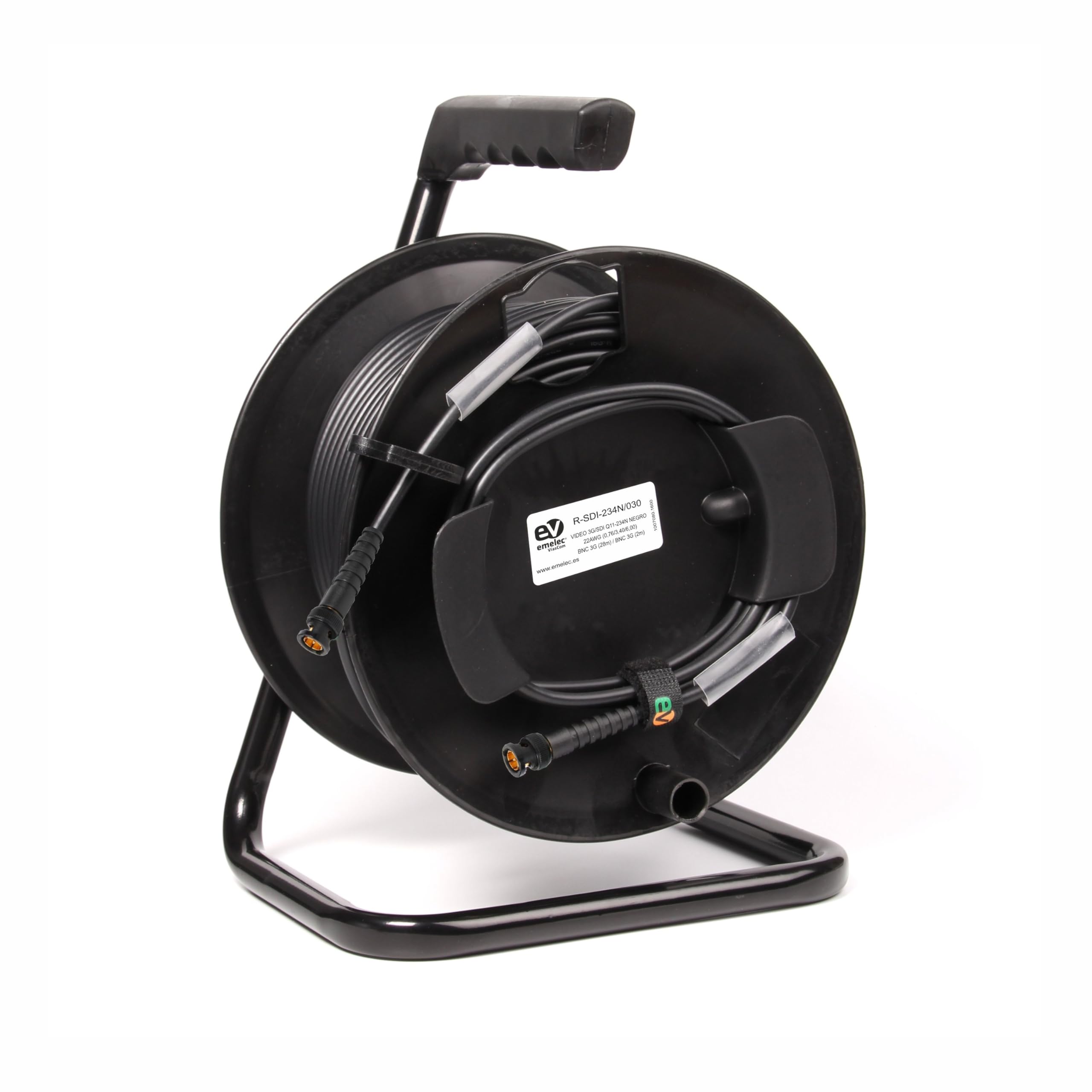 Emelec VíasCom R-SDI-234N/060 – 60m Cable Video 4K-UHD 6G-SDI (0,76/3,40/6,00) montado en Portacables con BNC 4K-UHD – Conductor Multifilar – Color Negro – PVC Flexible