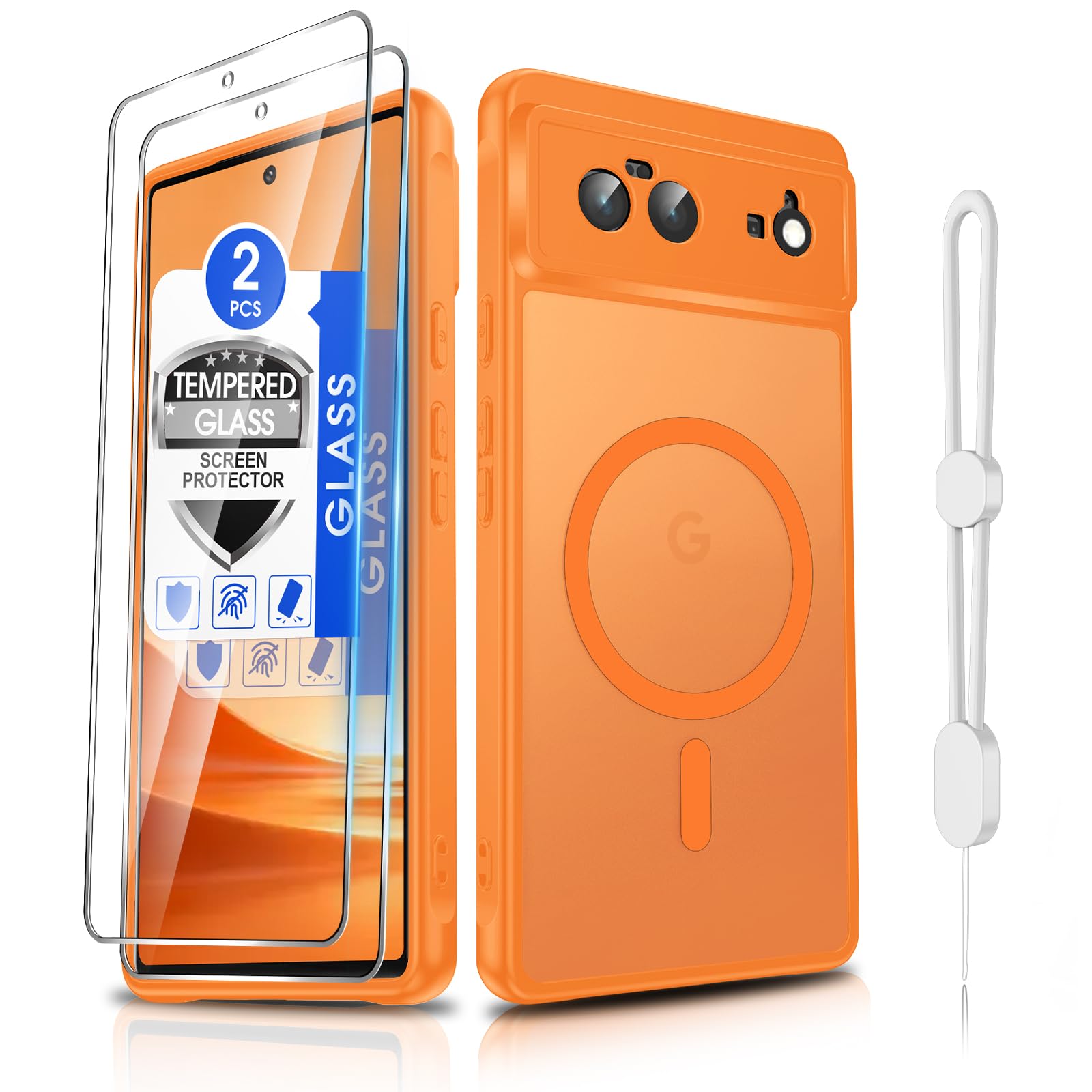 Dizn for Google Pixel 6 Case:with [2 Pack]Tempered Glass Screen Protector,Strap,[Fit for MagSafe],Matte Translucent Cover &amp; Military Grade Anti-Scratch Protective,for Google Pixel 6 Phone Case,Orange