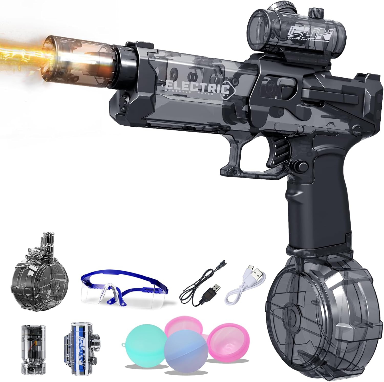 Electric Water Gun for Kids Adults, Transparent Automatic Squirt Watergun with Led Lights, Water Spray Sound Protective Glasses and Water Polo Toys Summer Outdoor Water Pistol Pool Beach Party Toys