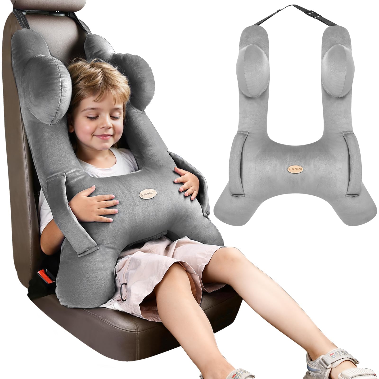 FLORICH Kinder Reisekissen, Schlafkissen Auto Kinder, Abnehmbares H förmiges Kissen Atmungsaktiv für Jungen und Mädchen und Erwachsene für Auto Urlaub (Dunkelgrau)