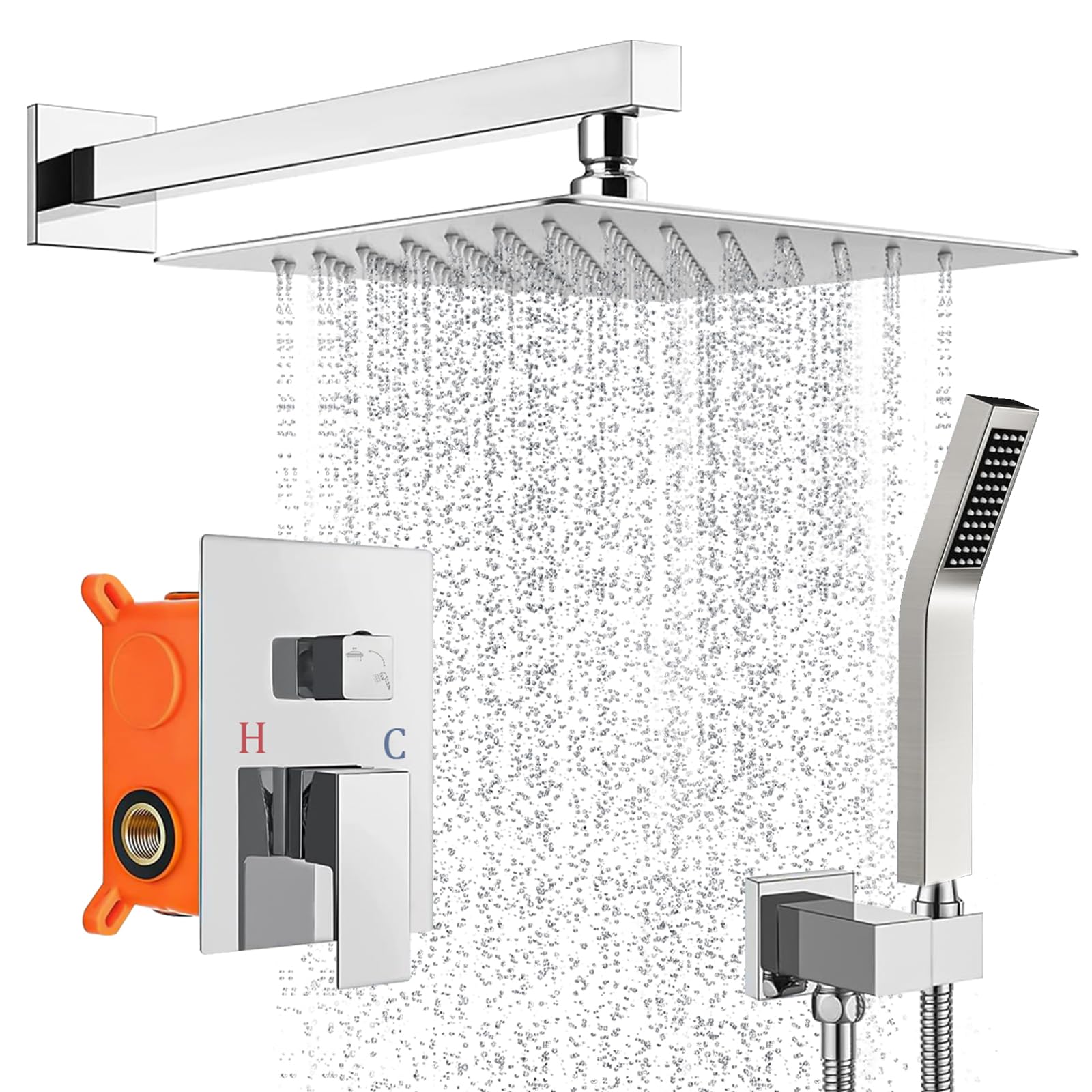 System prysznicowy podtynkowy, armatura prysznicowa, zestaw z deszczownicą 30 x 30 cm, słuchawka prysznicowa, armatura podtynkowa, montaż ścienny, zestaw prysznicowy z wysokiej jakości stali