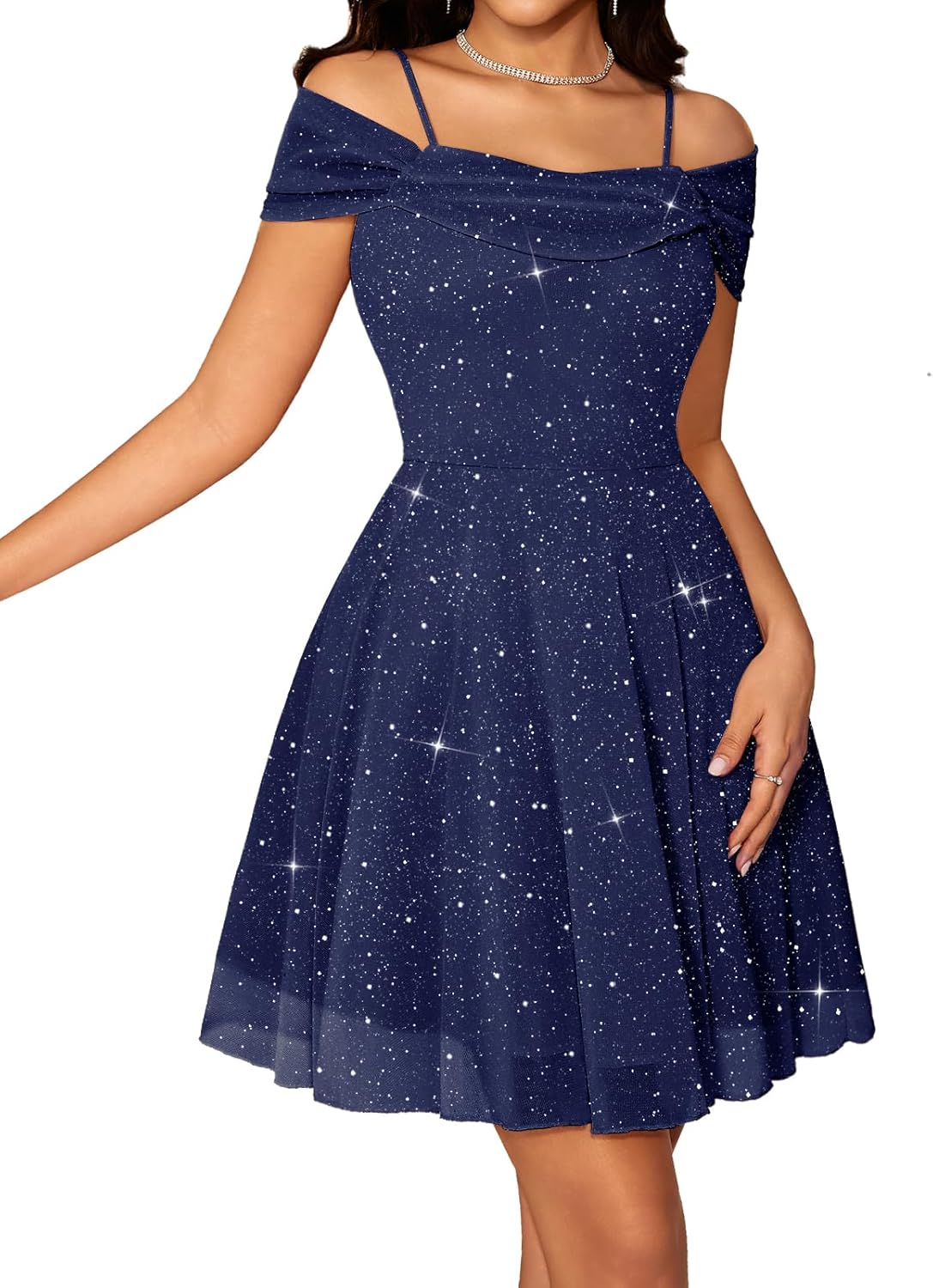 Meetjen Women's Sparkly Cocktail Dresses Off Shoulder Sequin Tulle Graduation Formal Party Short Prom Dress for Teens