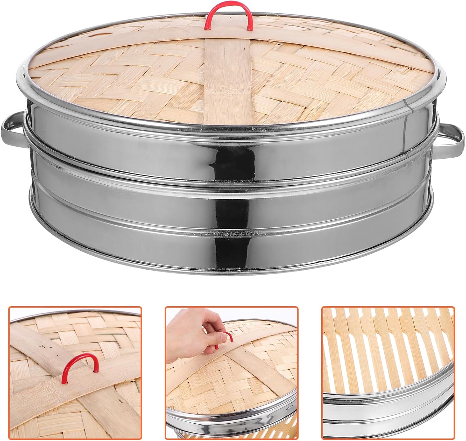 Stainless Steel Steamer Basket with Lid 30cm Double-handled Chinese Food Steamer for Dumplings and Buns Kitchen Cooking Portable Set