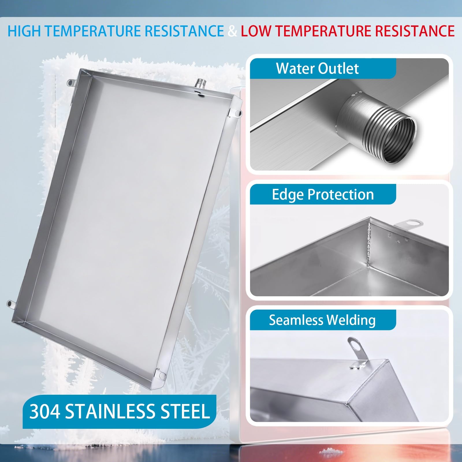 Bandeja de goteo de acero inoxidable 304 para acondicionadores de aire, diseño soldado sin costuras con manguera Dr de 40 x 150 x 4 cm / 16x59x1.6in, eficiente ideal para unidades al aire libre